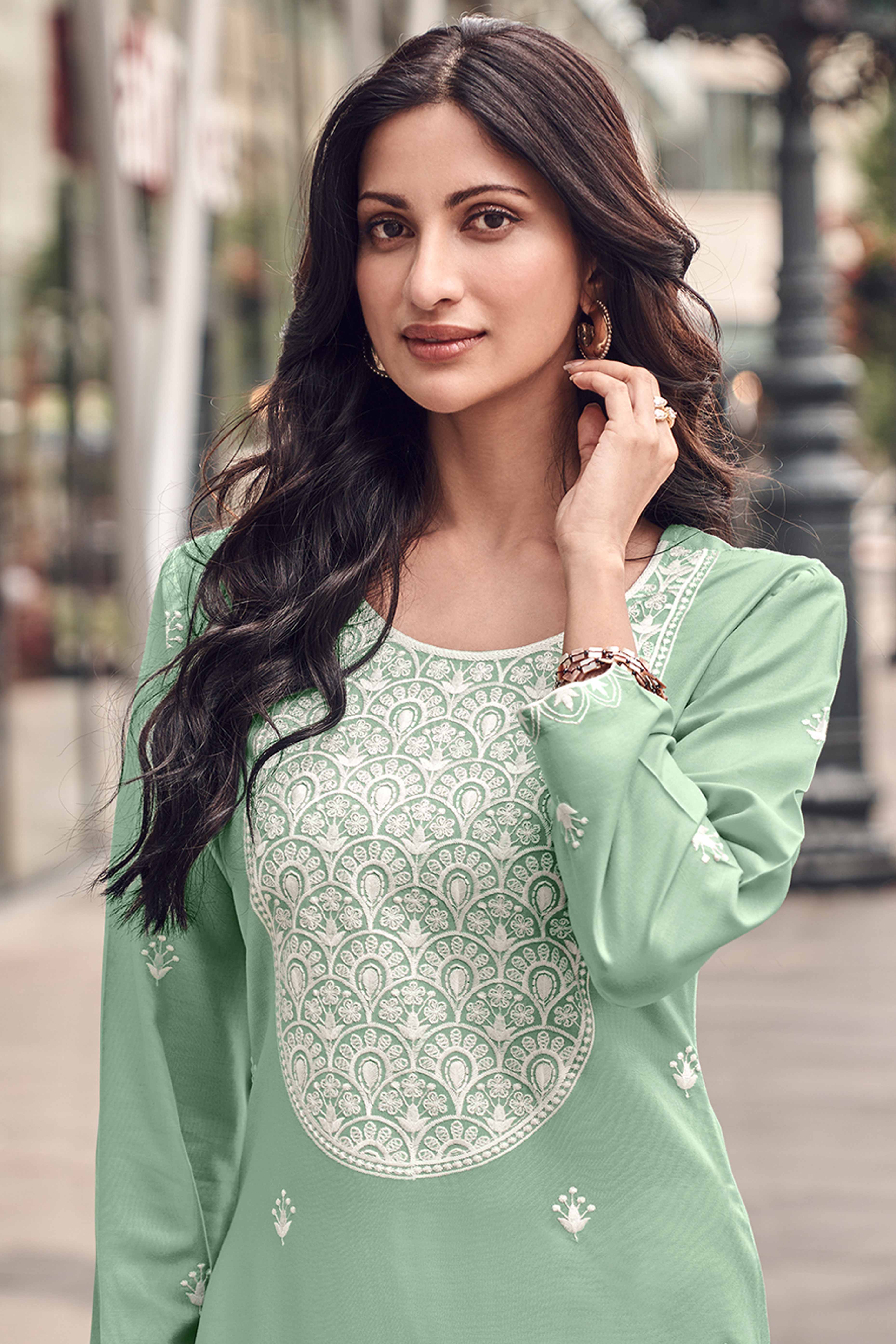 Festive Wear Mint Green Kurti in Rayon with Lucknowi Detailing