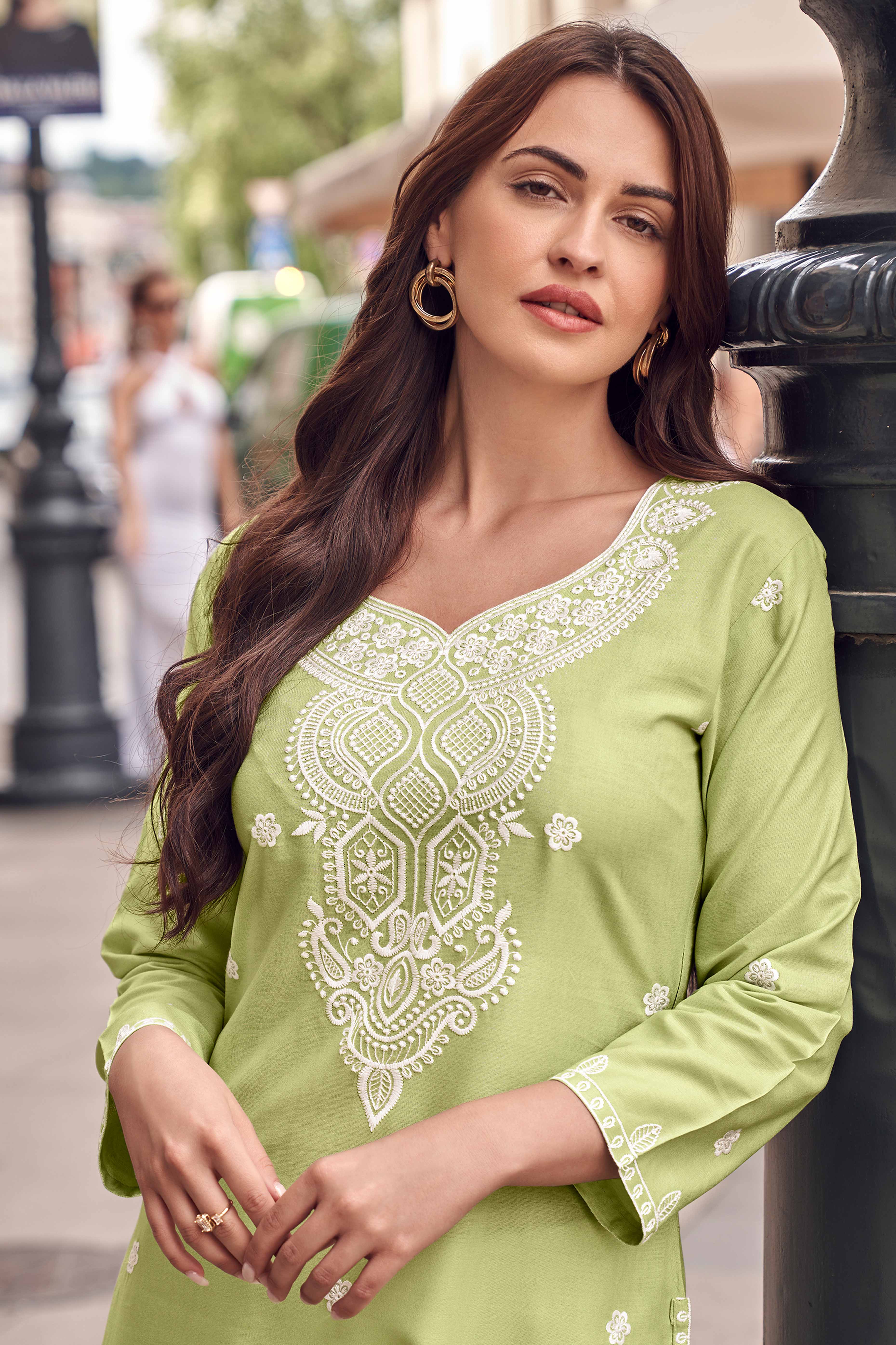 Festive Wear Green Kurti in Rayon with Lucknowi Detailing