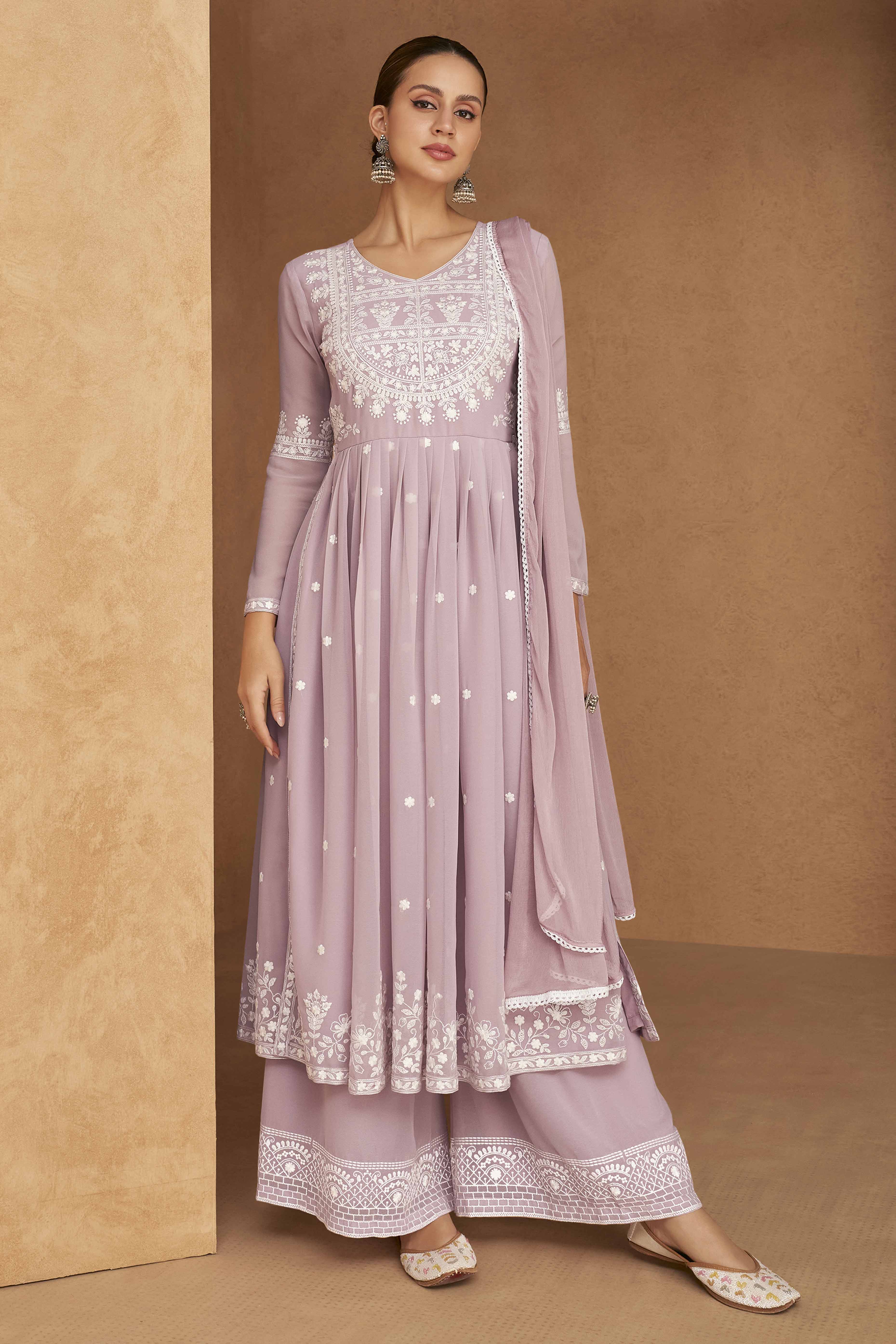 Lavender Rayon Palazzo Suit with Intricate Lucknowi Work