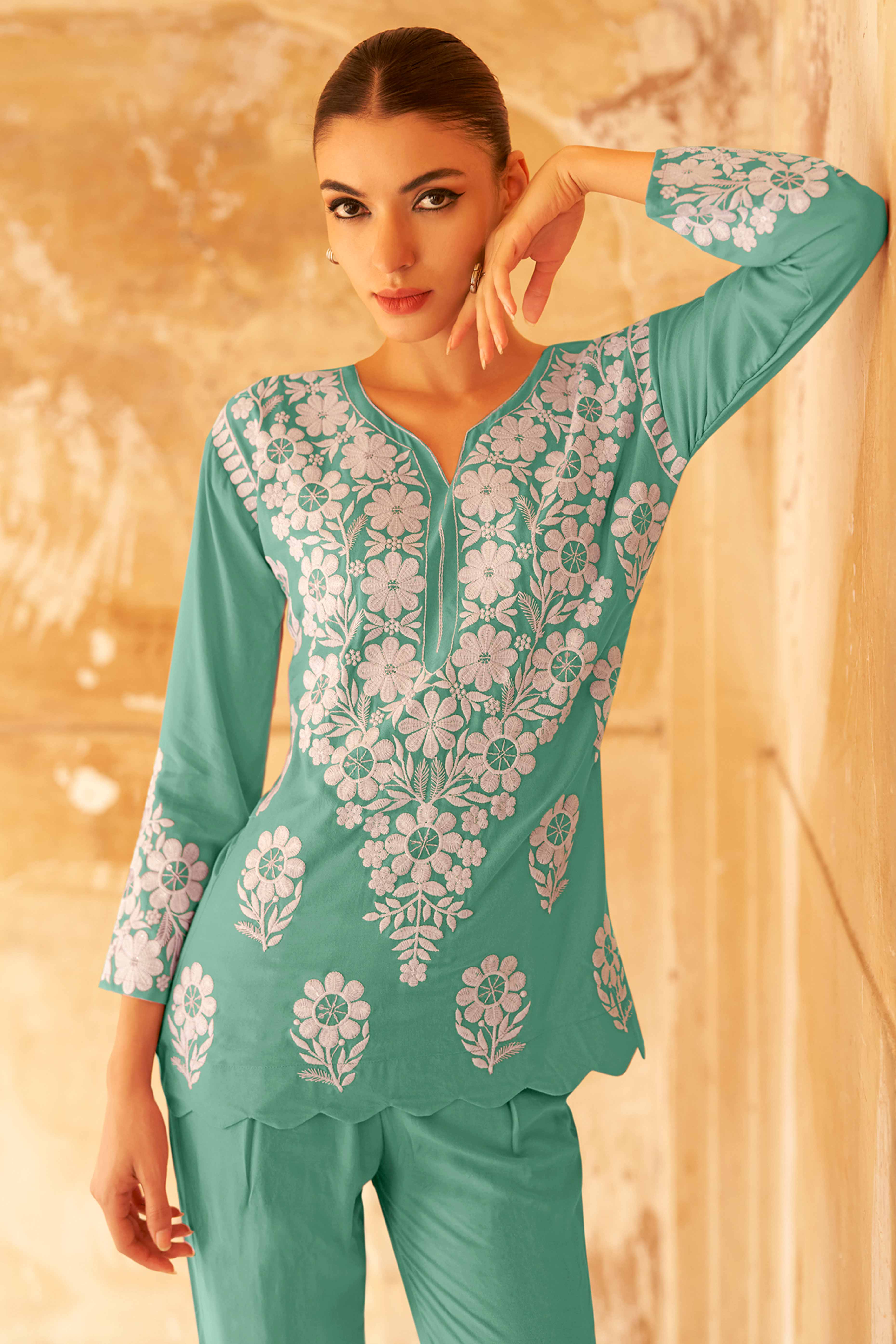 Floral Embroidered Rama Green Rayon Co-Ord Set for Casual Wear
