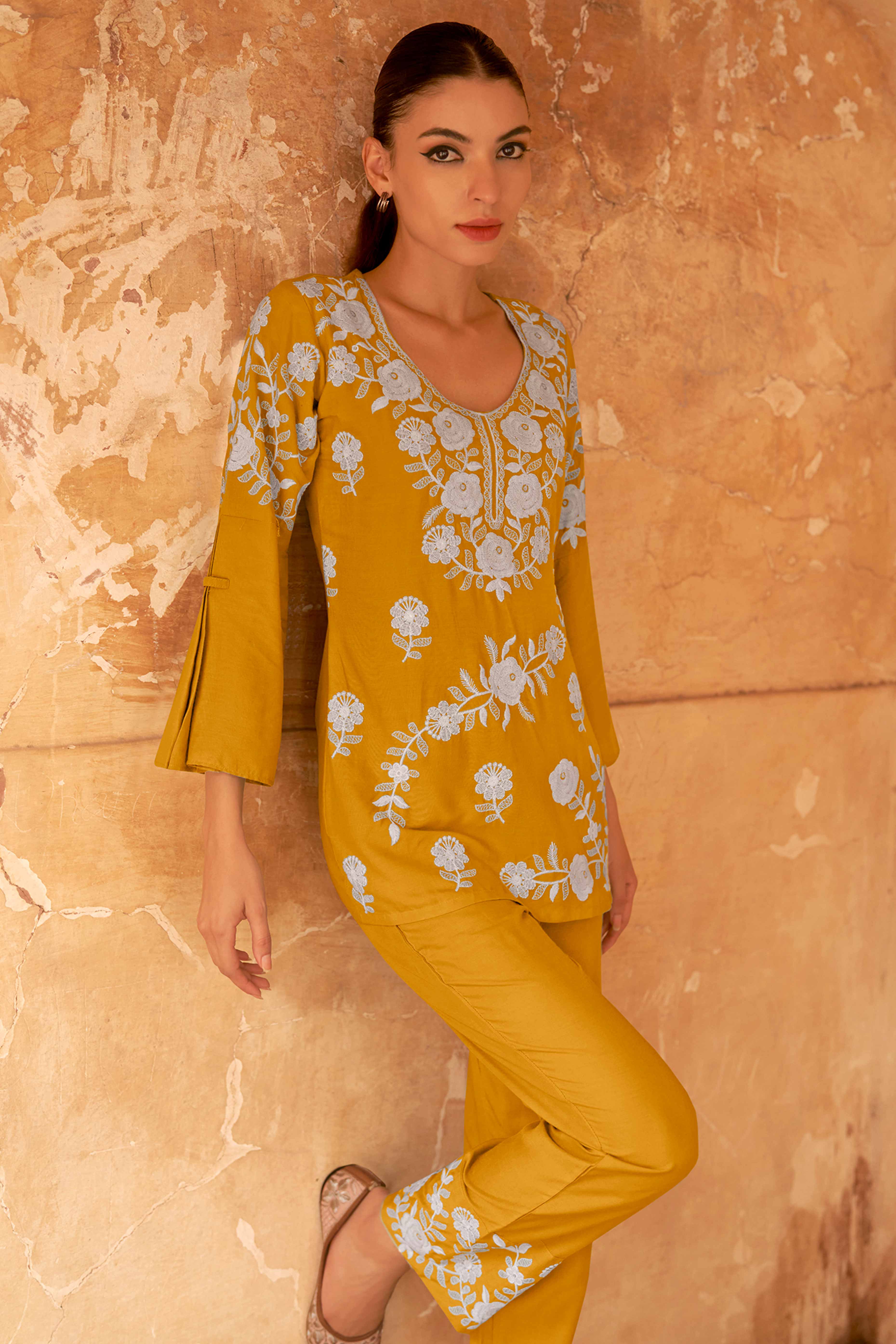 Mustard Co-Ord Set in Rayon with Delicate Floral Embroidery