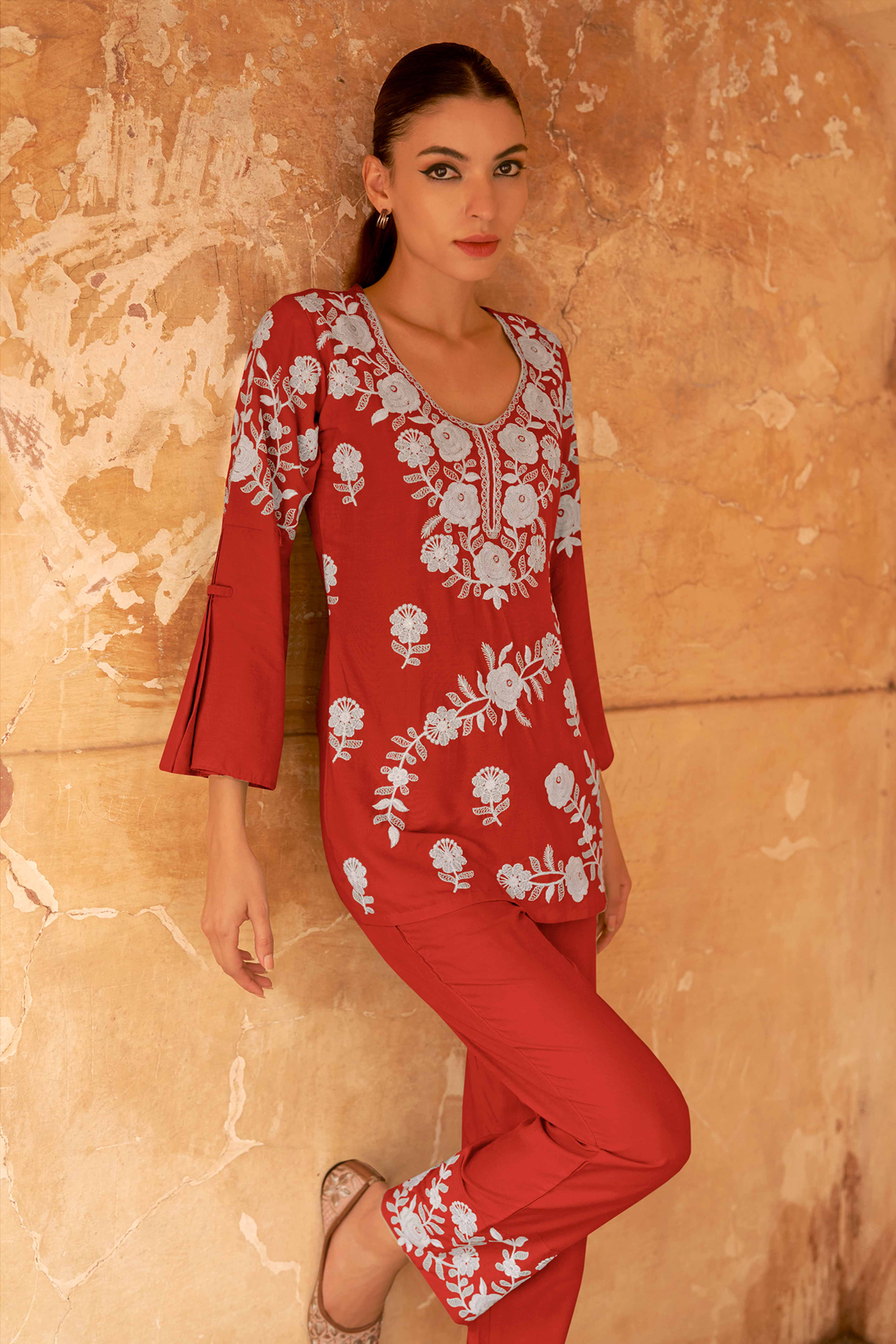 Red Co-Ord Set in Rayon with Delicate Floral Embroidery