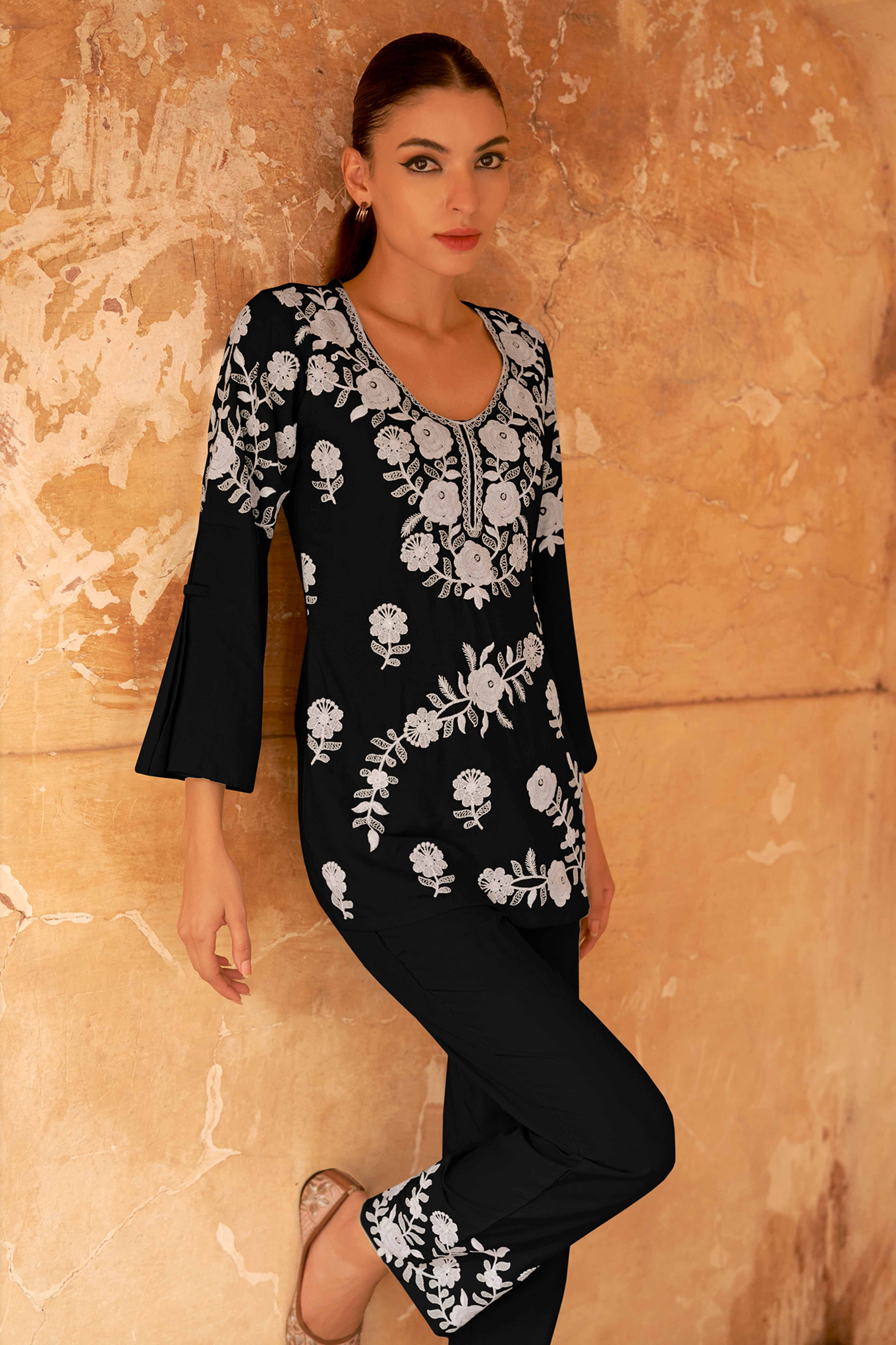 Black Co-Ord Set in Rayon with Delicate Floral Embroidery
