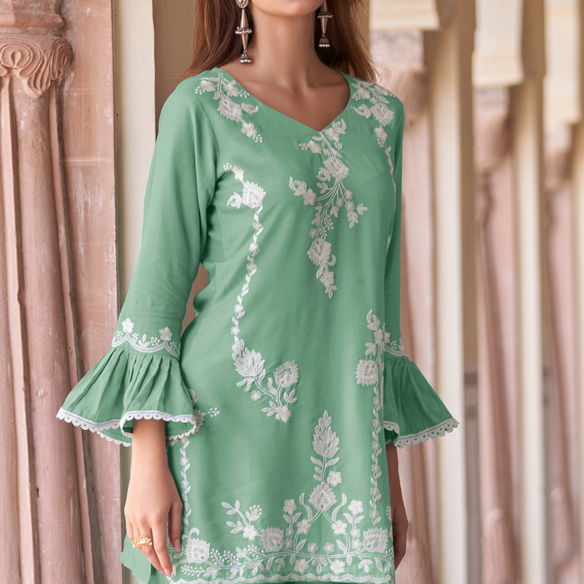 Green Floral Embroidered Rayon Co Ord Set