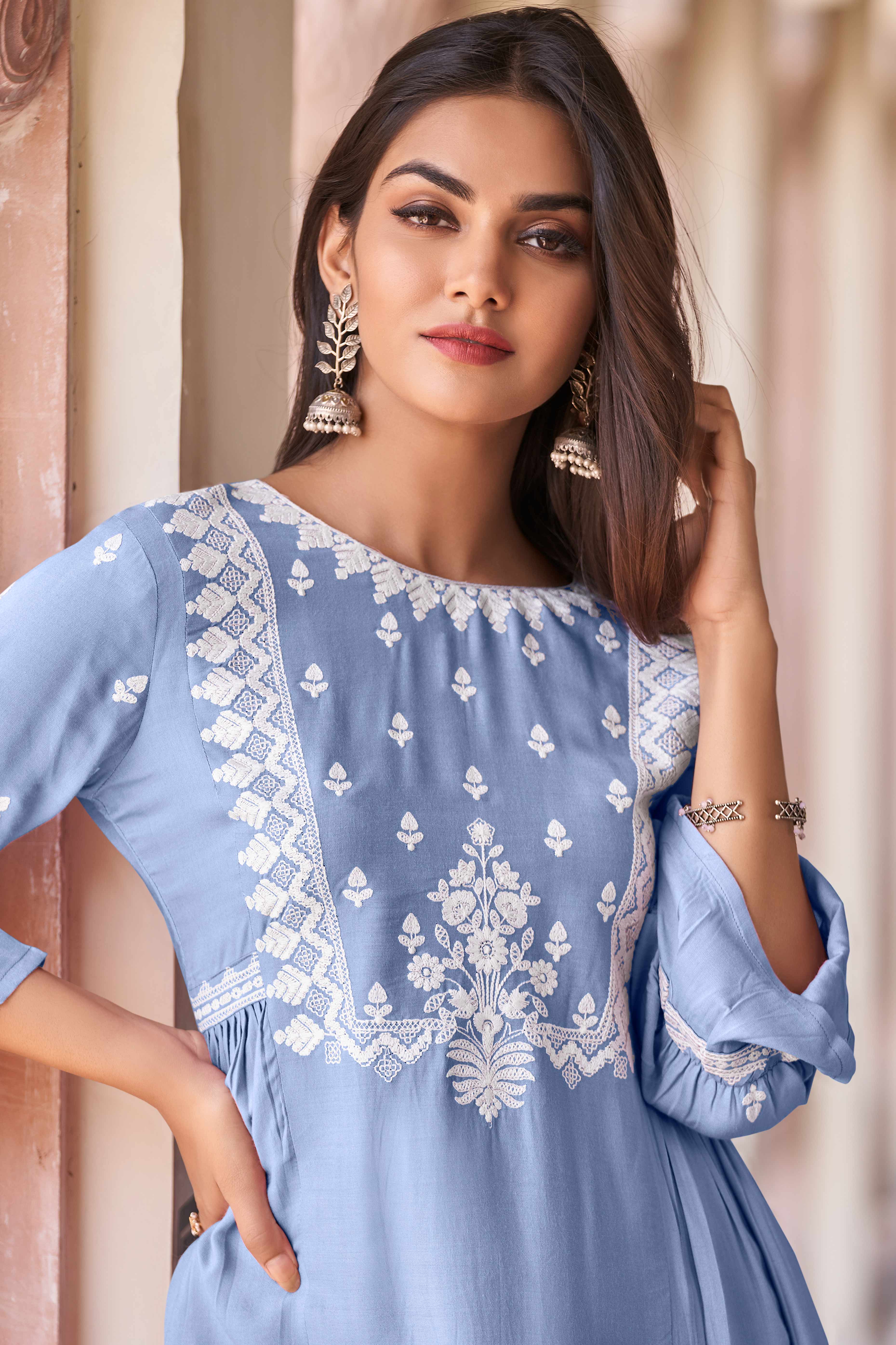 Sky Blue Rayon Top-Bottom Co-Ord with Delicate Embroidery