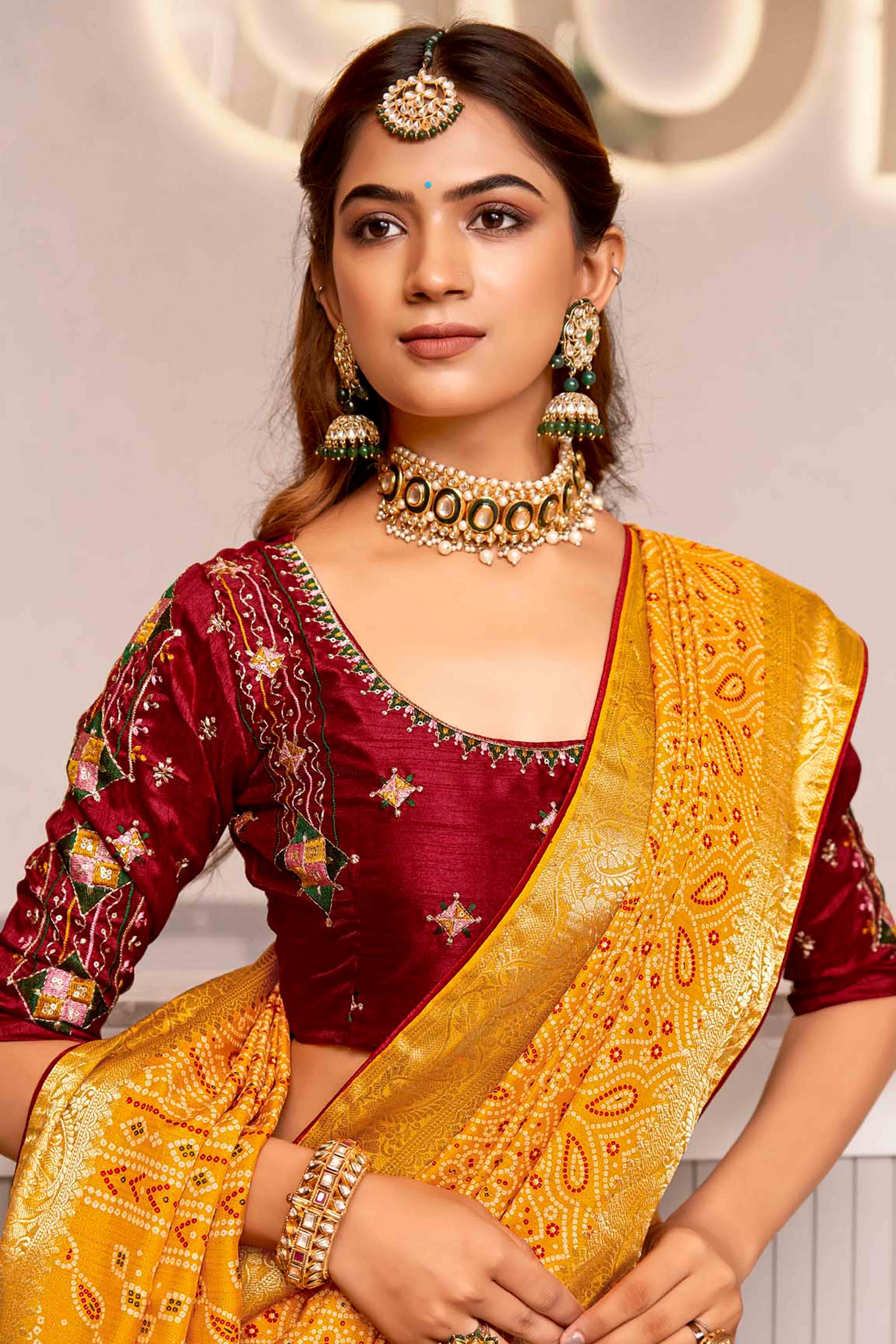 Mustard Bandhani Printed Crepe Saree With Woven Border