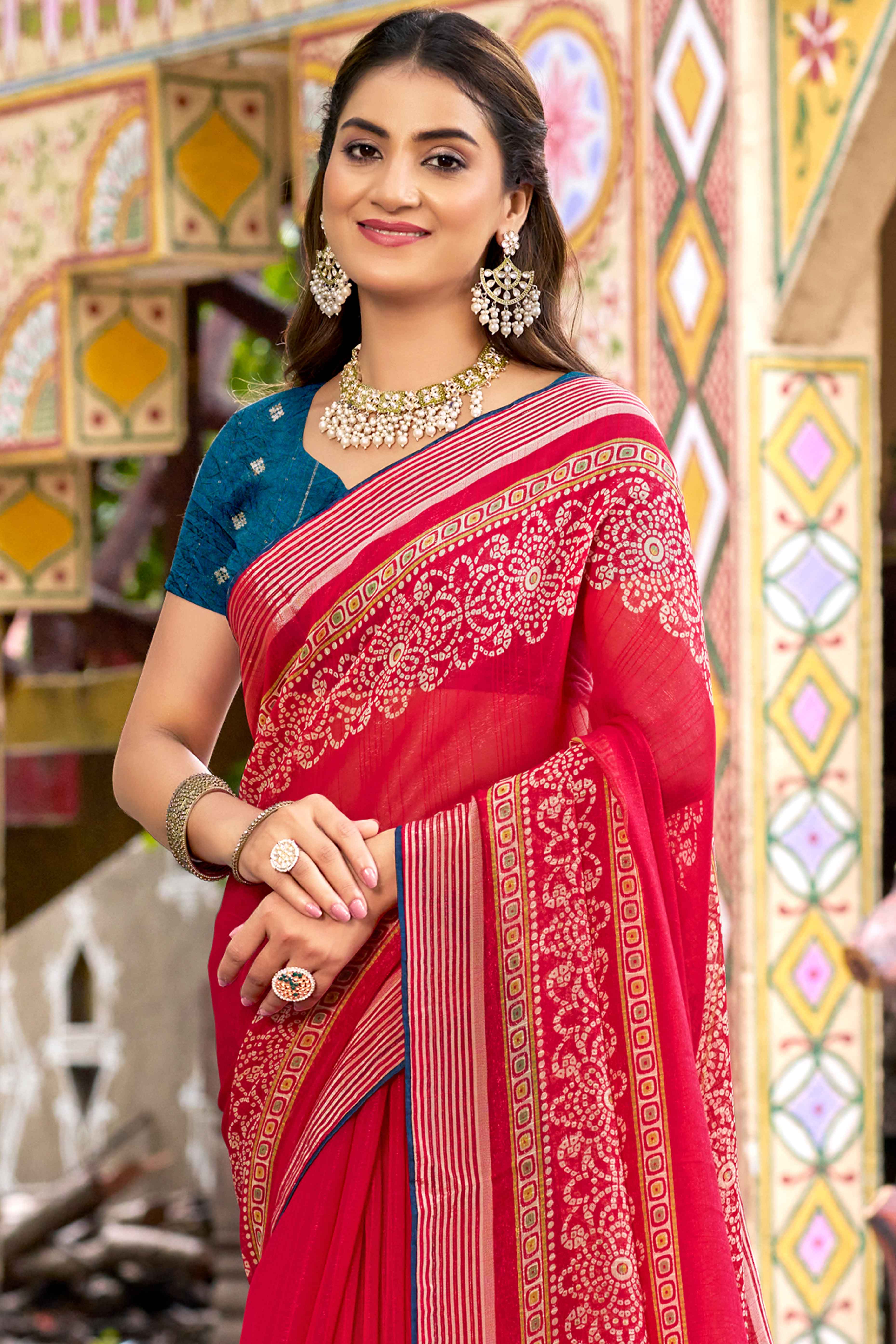 Cherry Red Bandhani Printed Shimmer Chiffon Saree