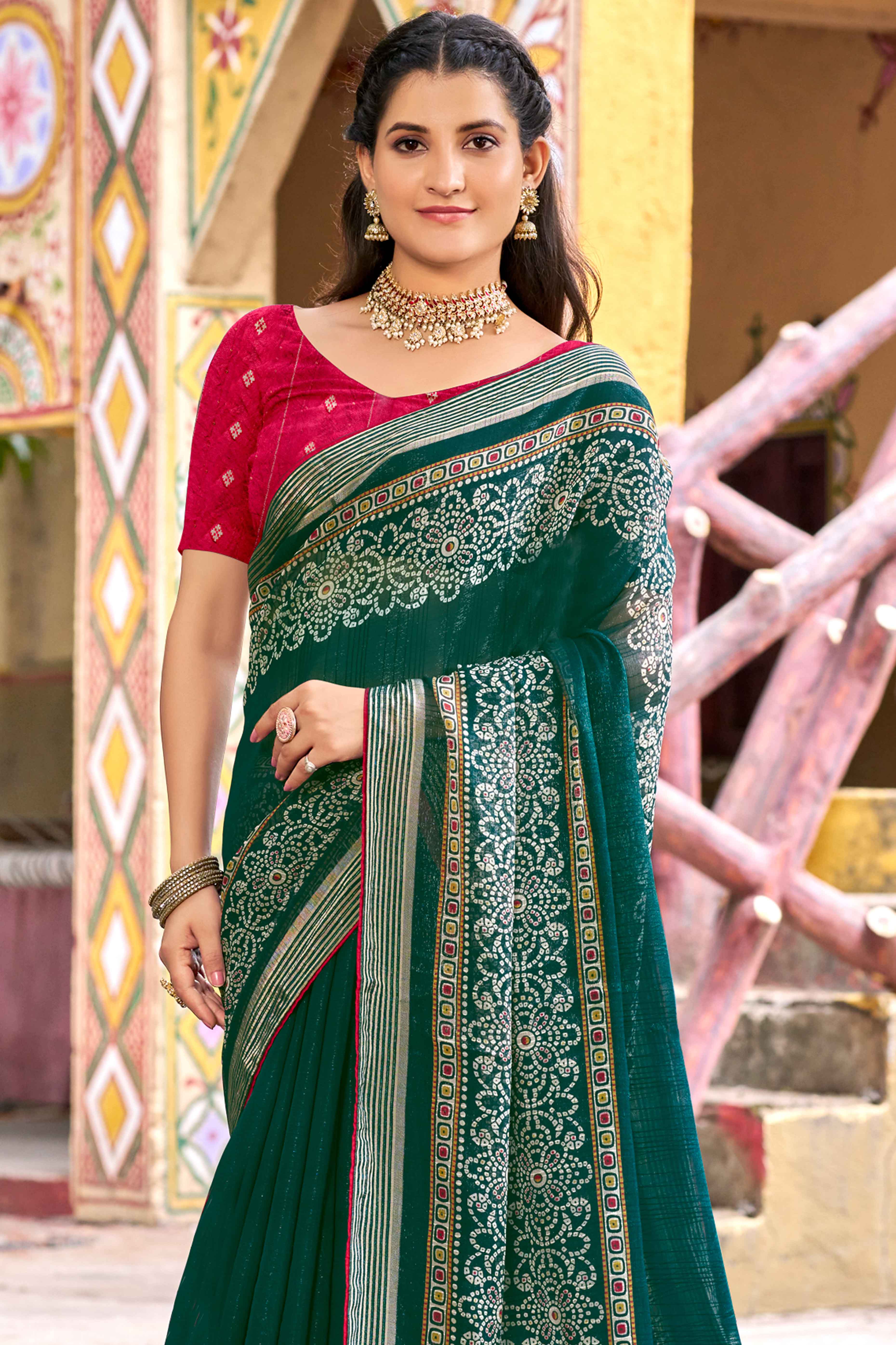 Rama Green Bandhani Printed Shimmer Chiffon Saree