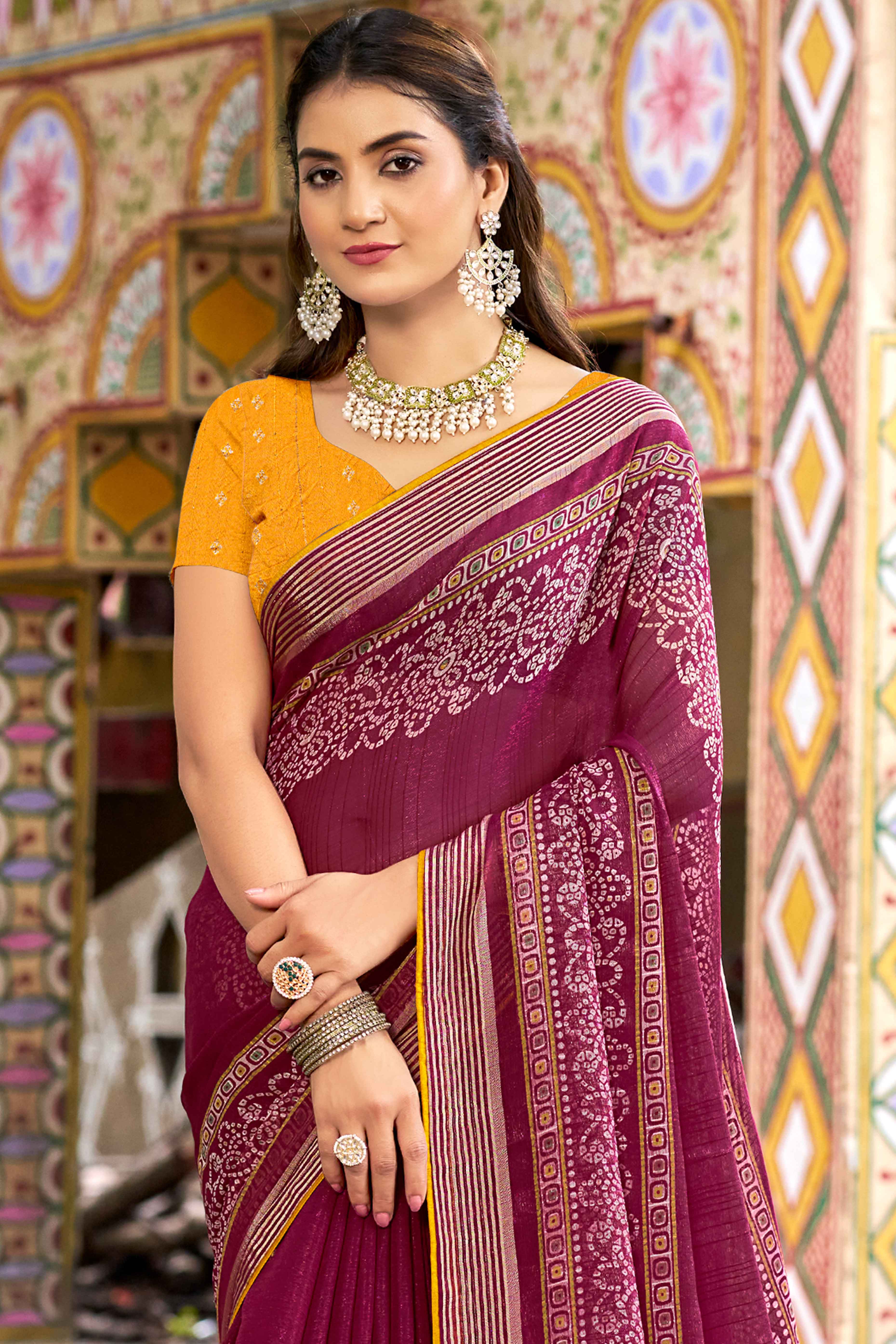 Dark Magenta Bandhani Printed Shimmer Chiffon Saree