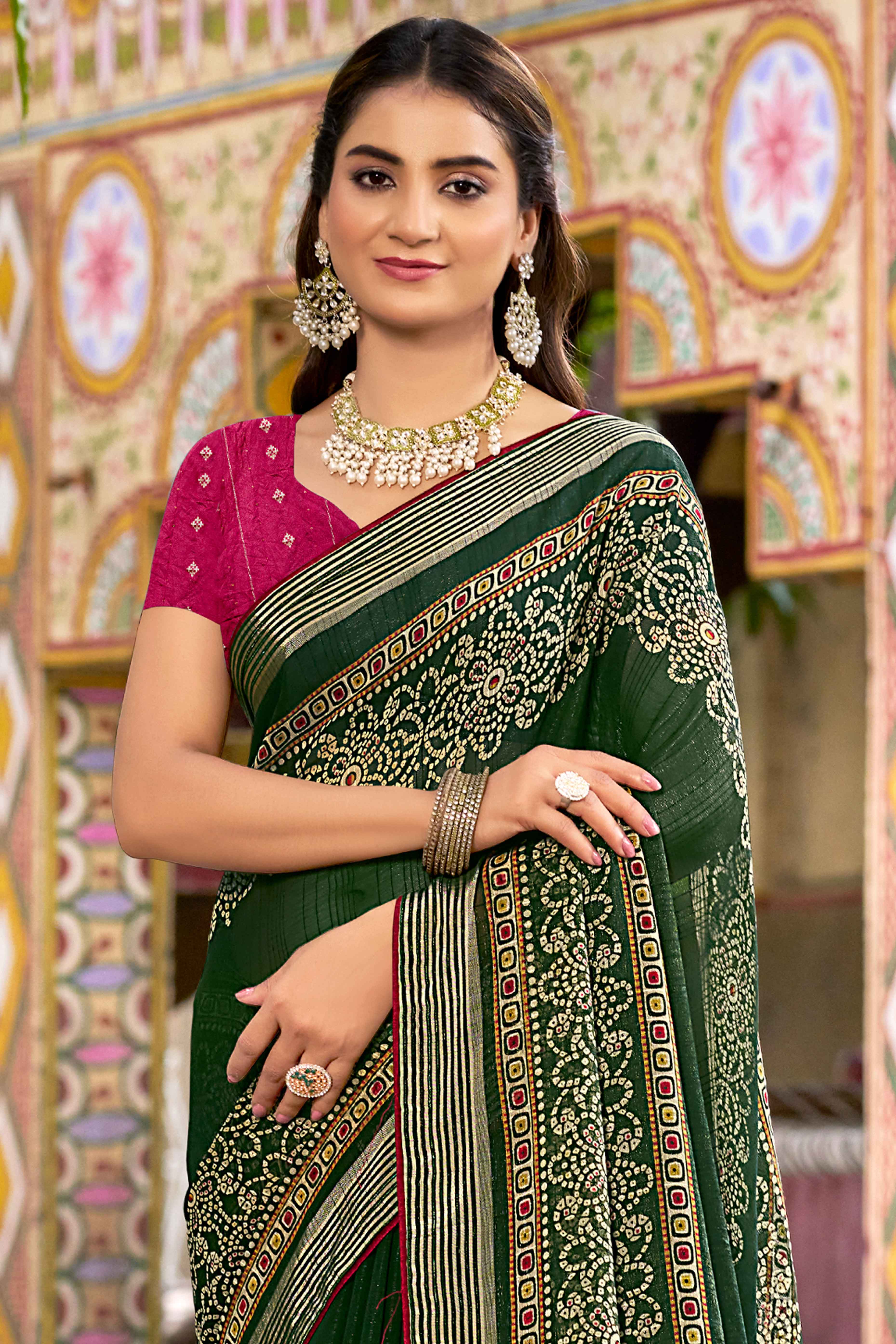 Bottle Green Bandhani Printed Shimmer Chiffon Saree