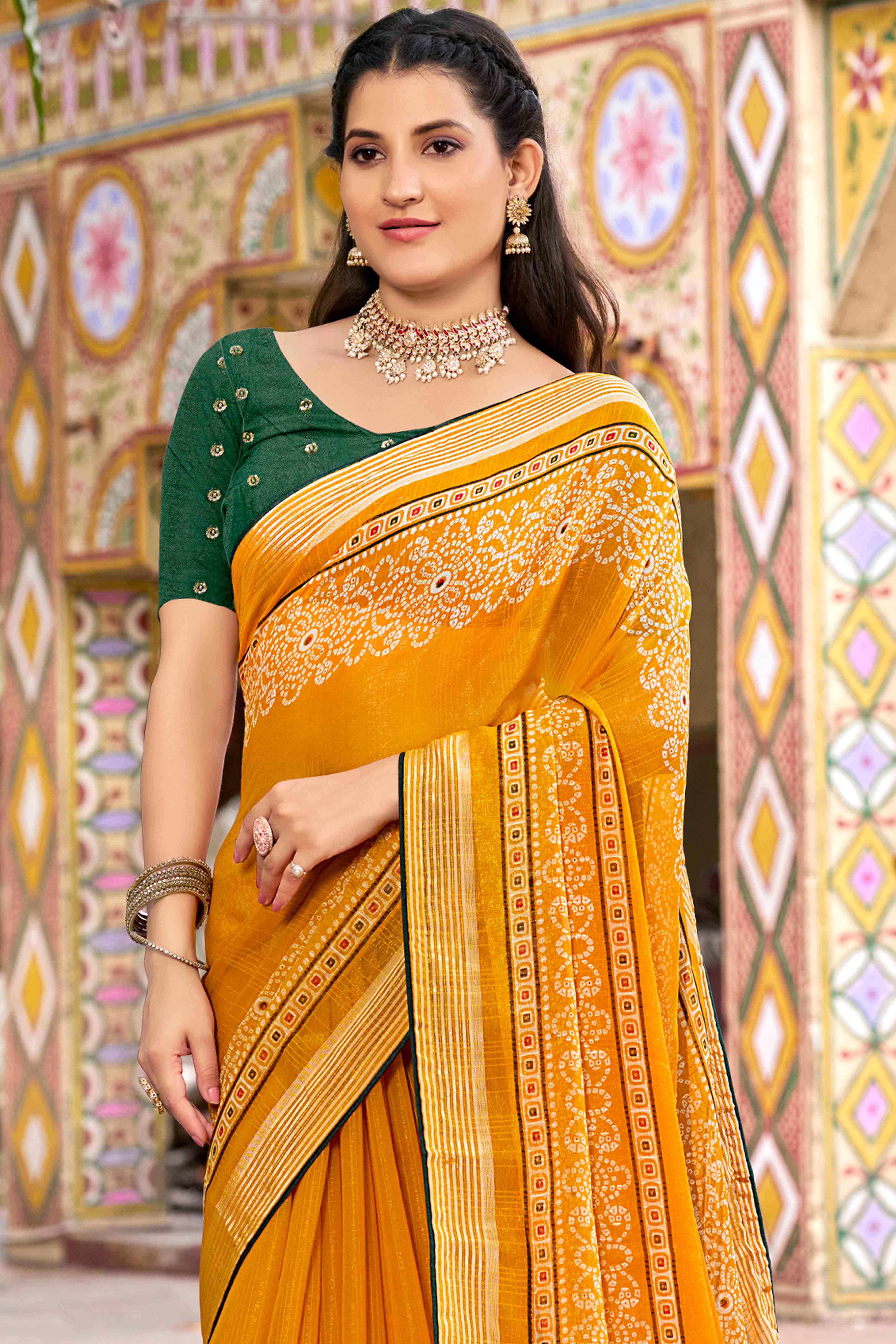 Mustard Bandhani Printed Shimmer Chiffon Saree
