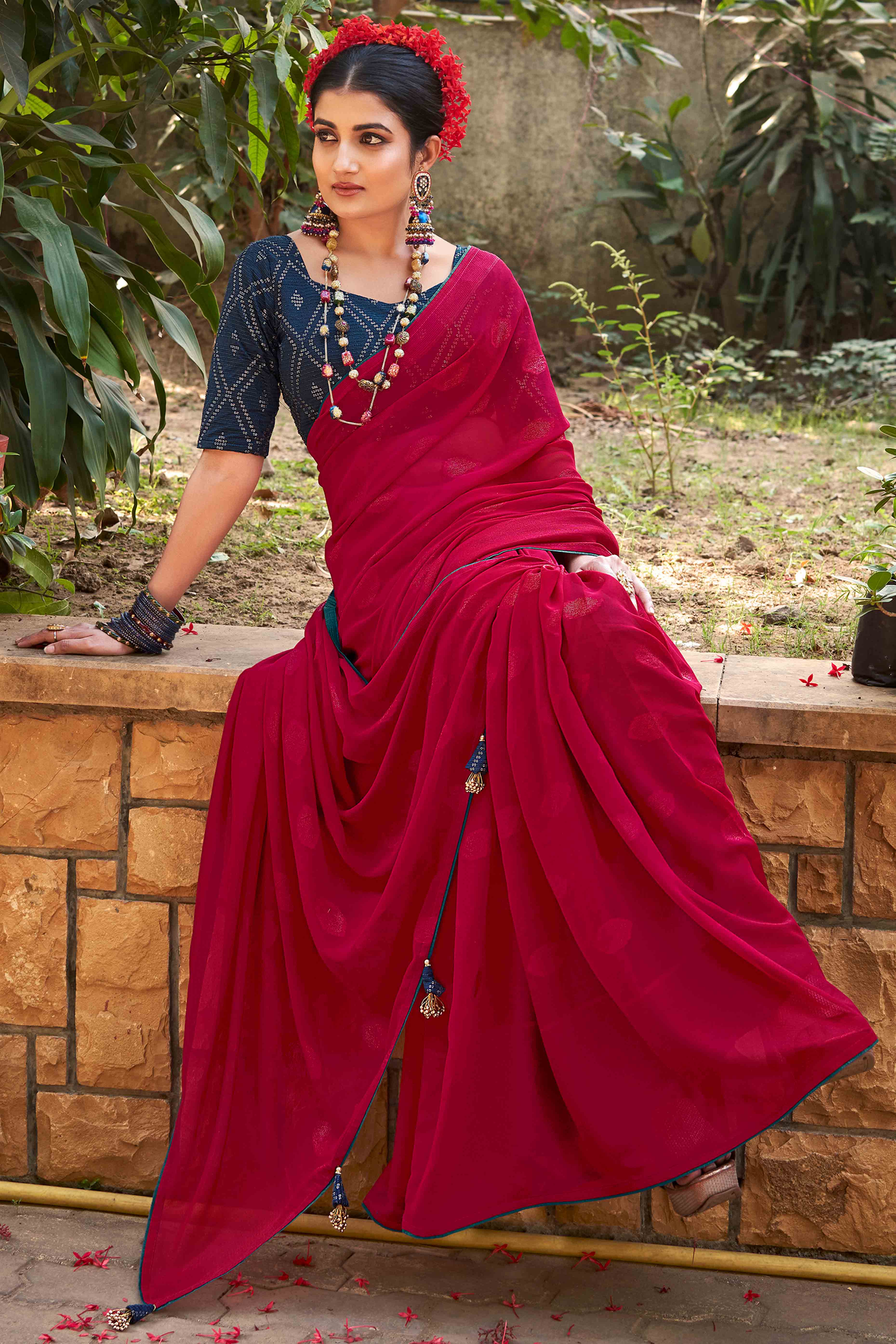 Cherry Red Woven Georgette Saree With Tassels