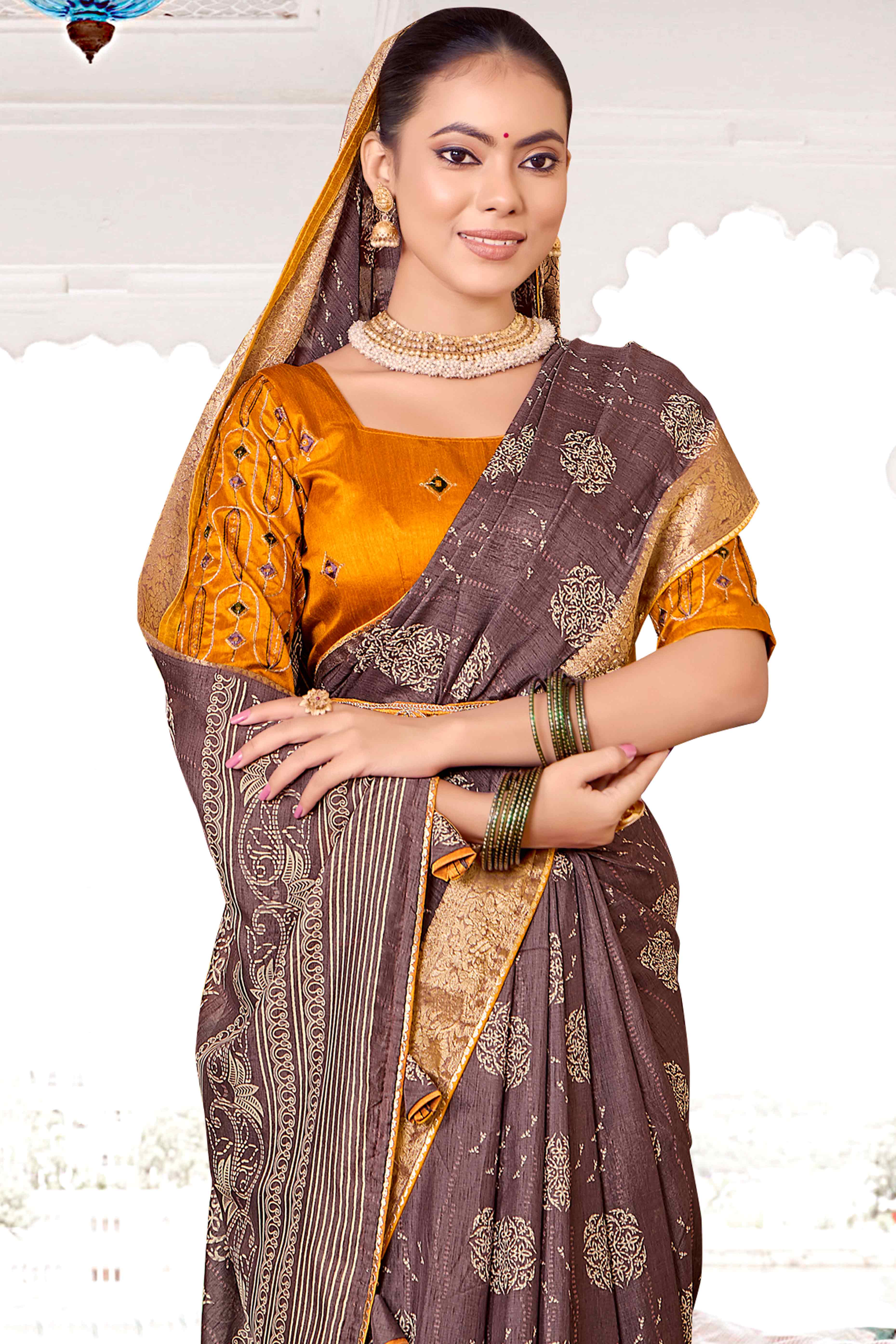 Light Mauve Floral Printed Muslin Saree With Woven Border