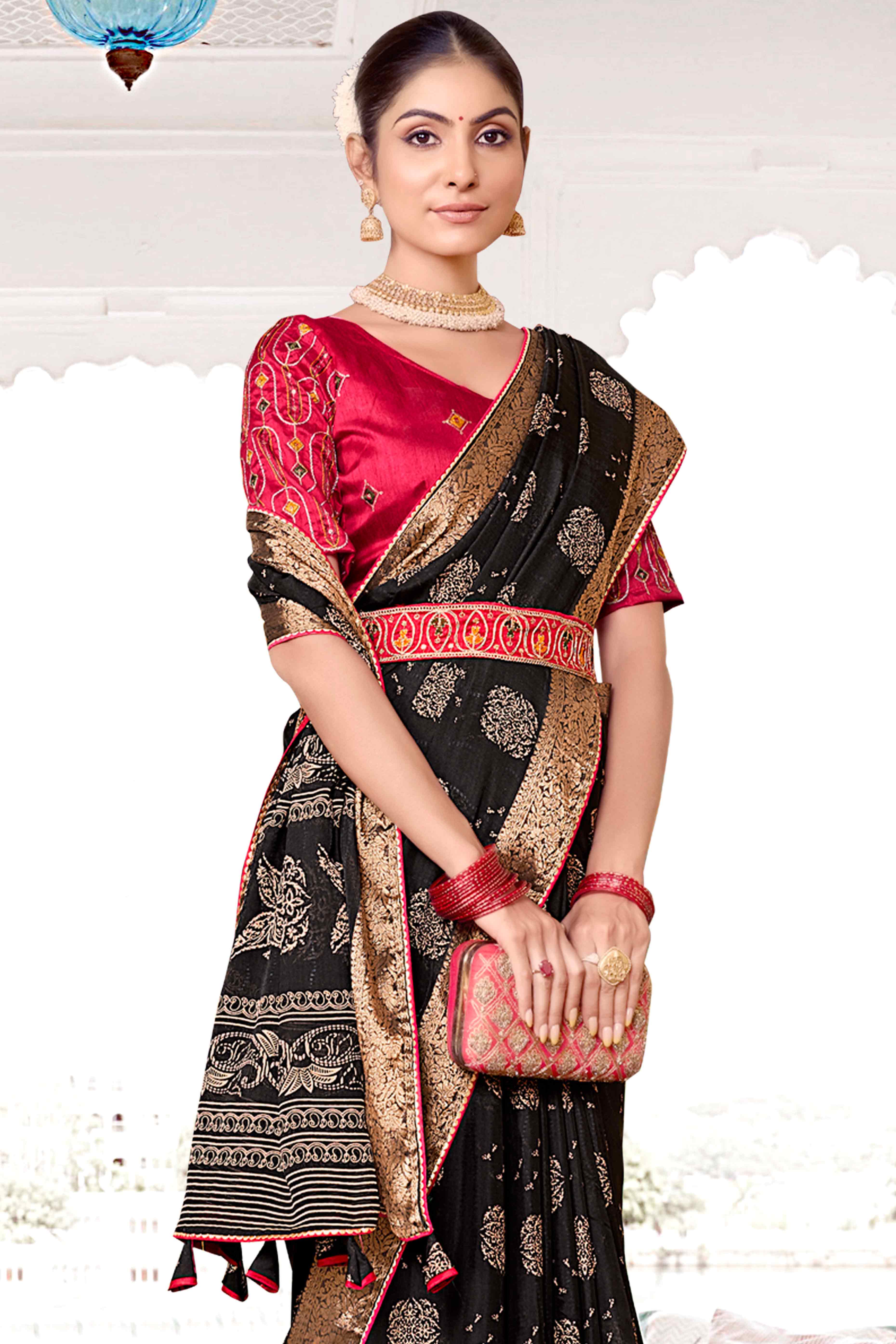 Black Floral Printed Muslin Saree With Woven Border