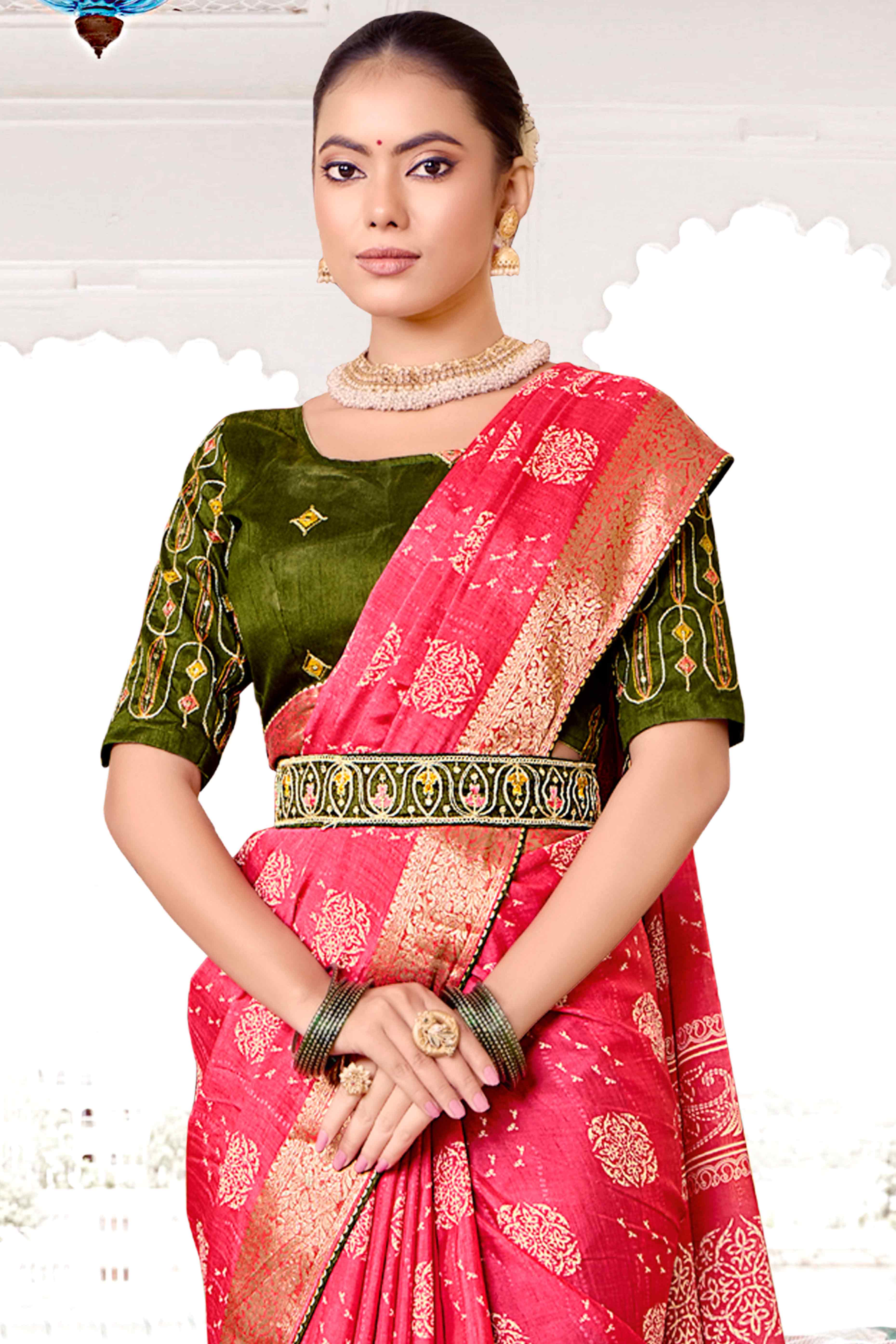 Pink Floral Printed Muslin Saree With Woven Border