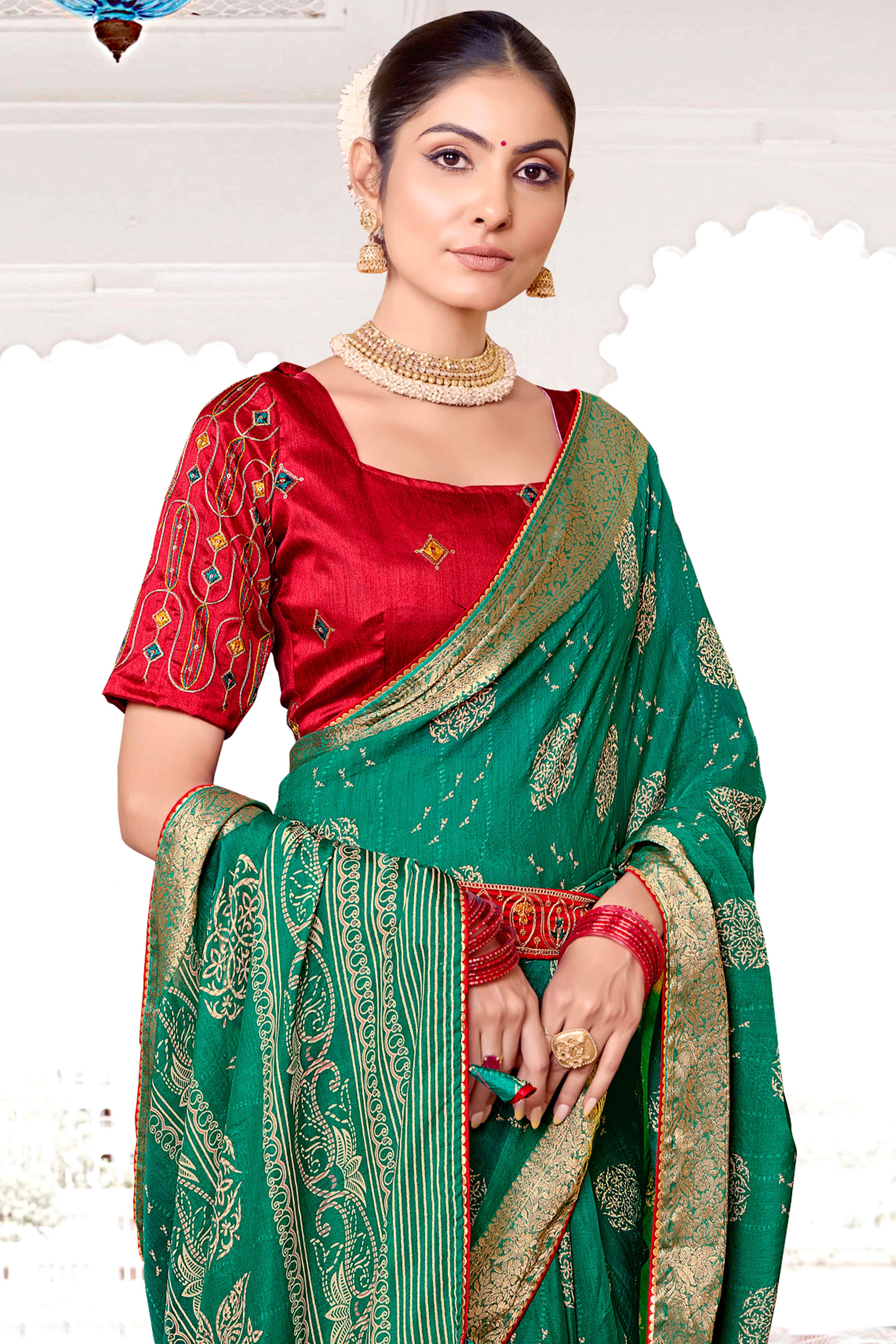 Rama Green Floral Printed Muslin Saree With Woven Border