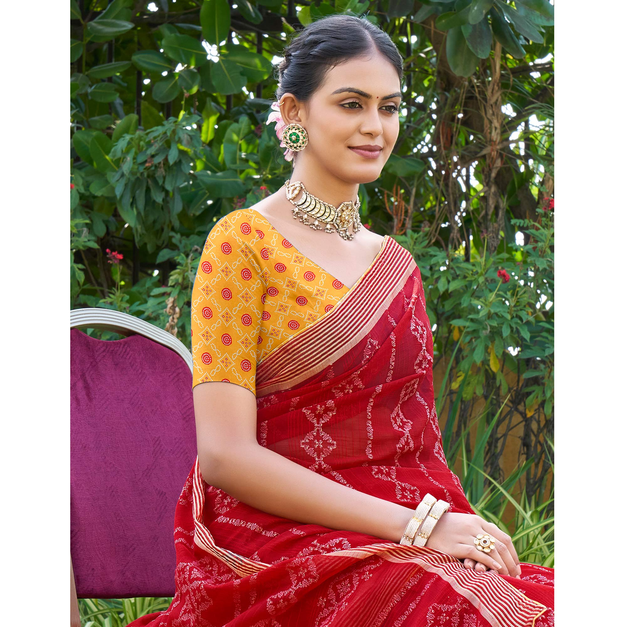 Red Printed Chiffon Saree