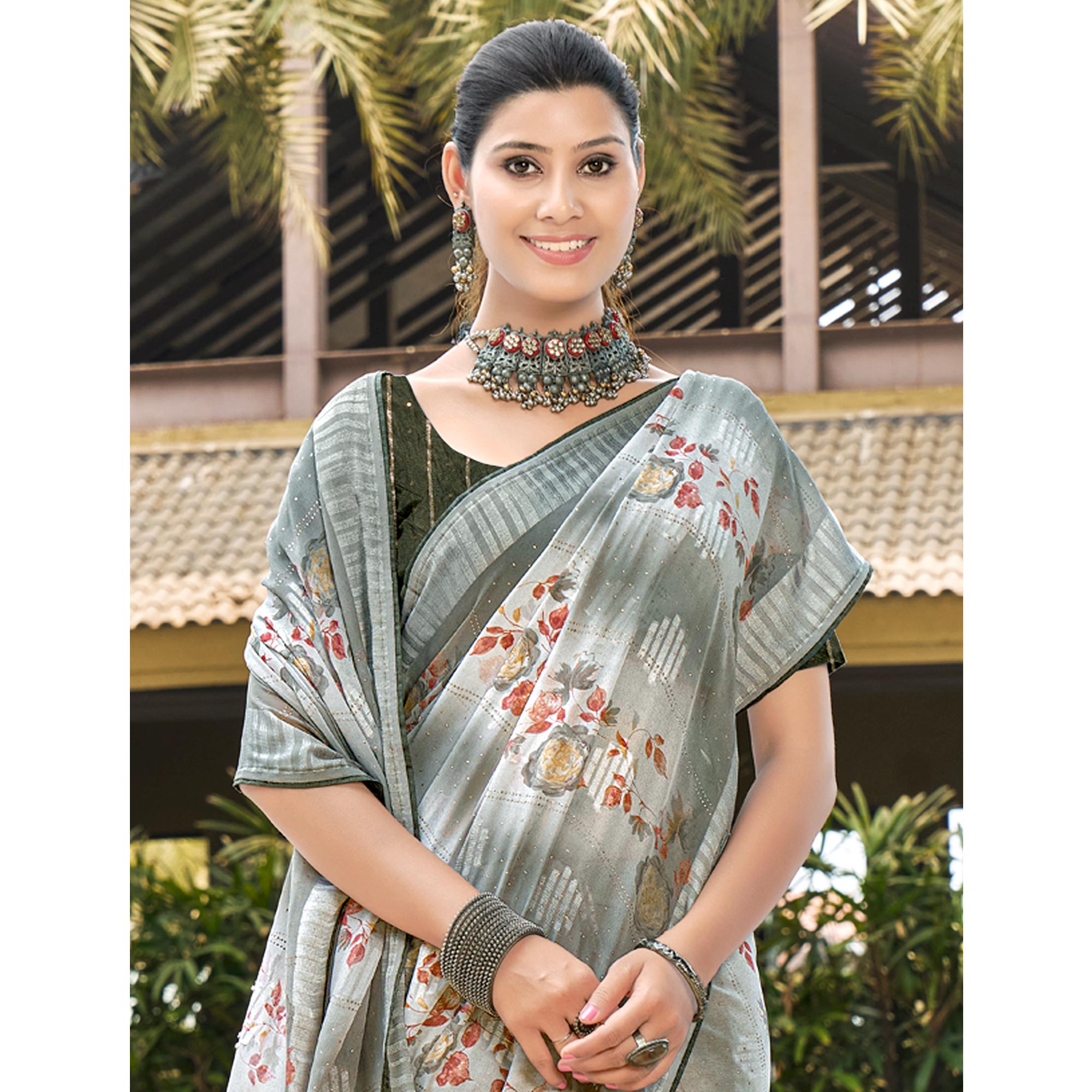 Grey Printed Georgette Saree With Swarovski Work