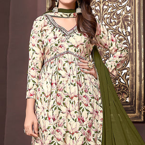 Beige & Green Floral Printed Rayon Alia Cut Salwar Suit