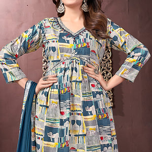 Grey & Teal Floral Printed Rayon Alia Cut Salwar Suit