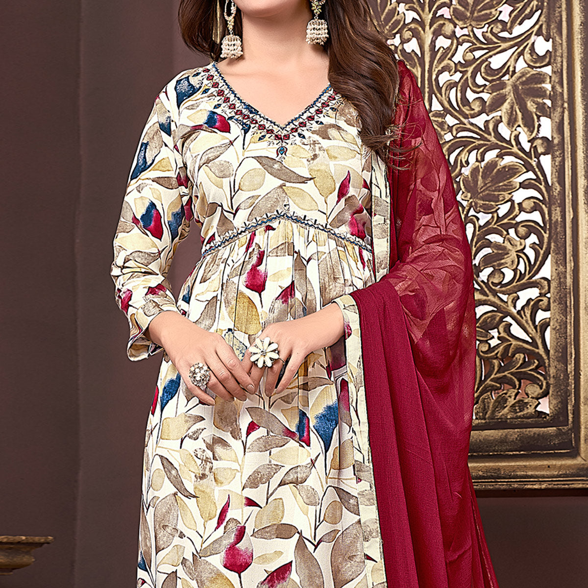 Beige & Maroon Floral Printed Rayon Alia Cut Salwar Suit