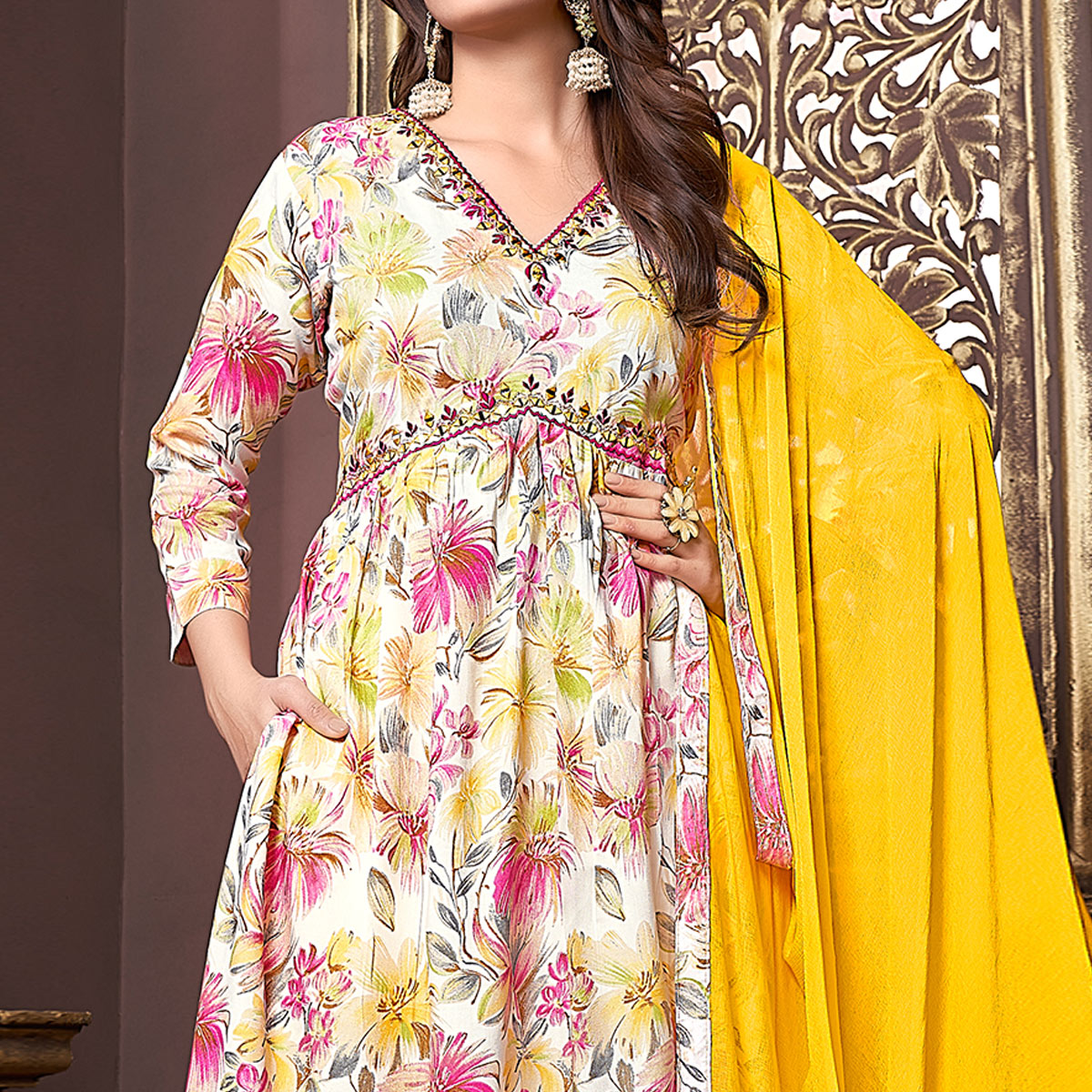 Off White Floral Printed Rayon Alia Cut Salwar Suit