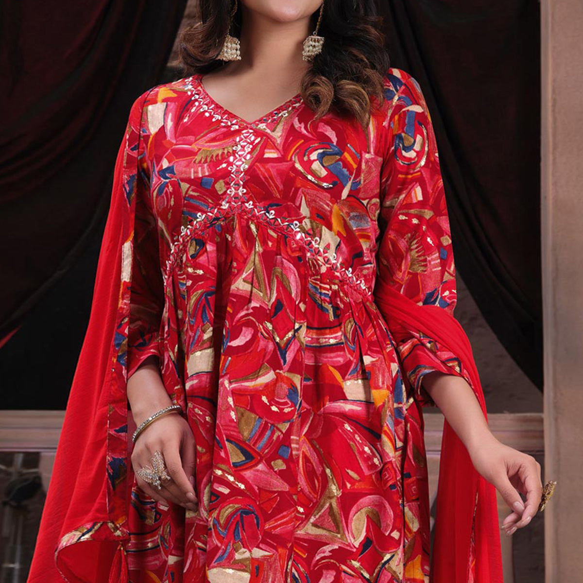 Red Floral Printed Rayon Alia Cut Salwar Suit