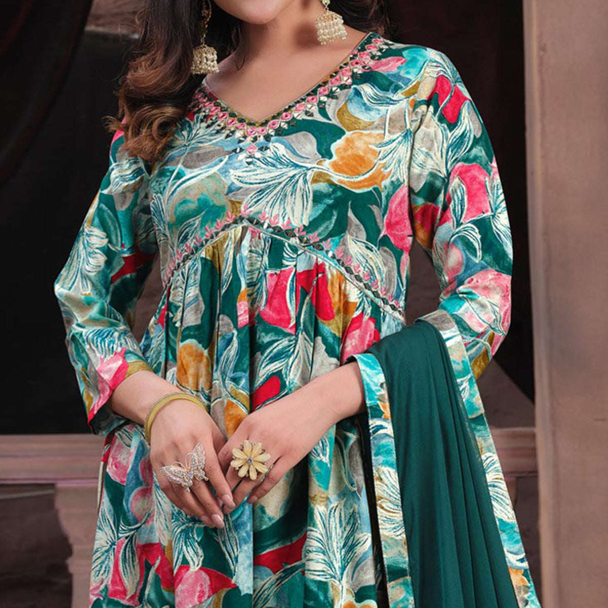 Green Floral Printed Rayon Alia Cut Salwar Suit