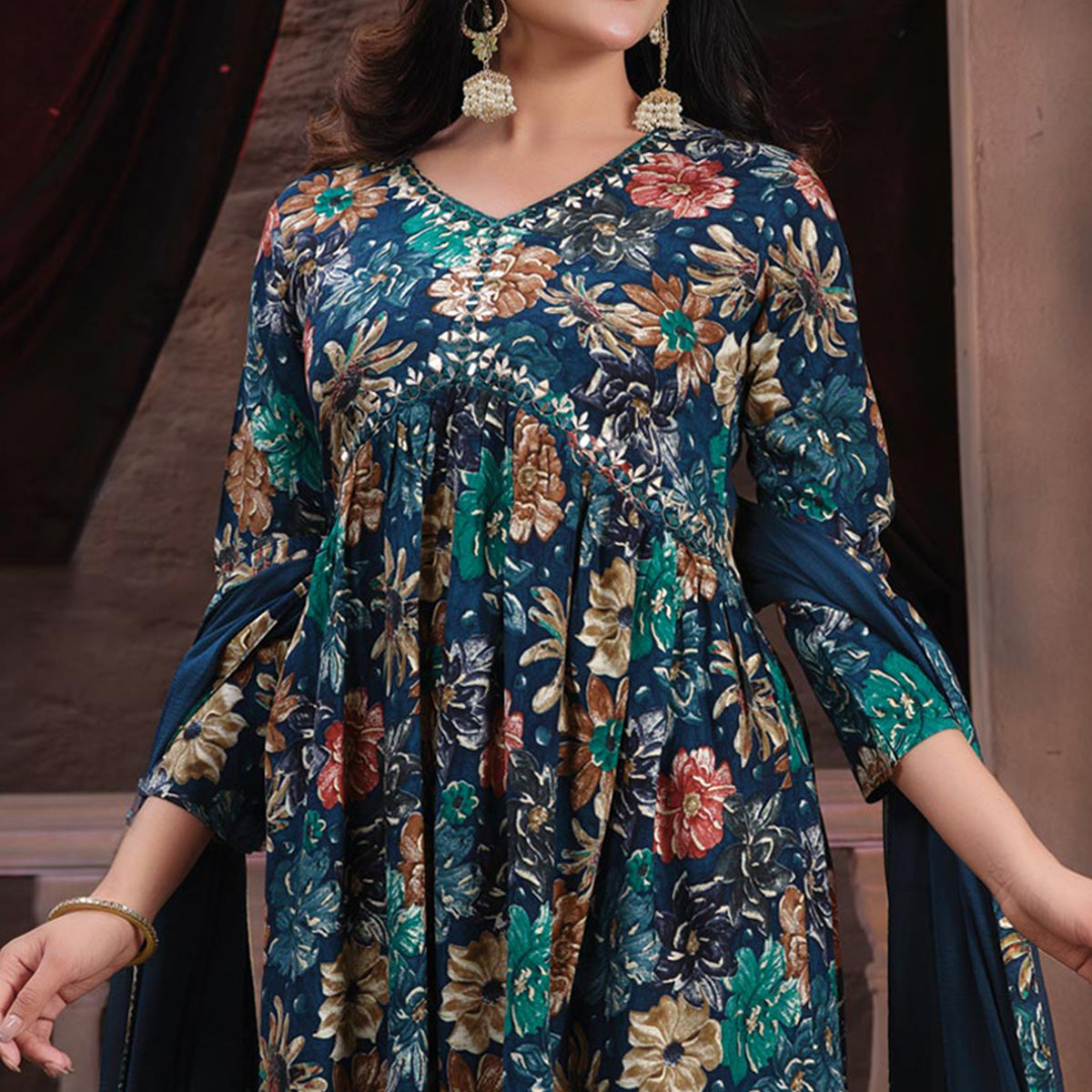 Navy Blue Floral Printed Rayon Alia Cut Salwar Suit