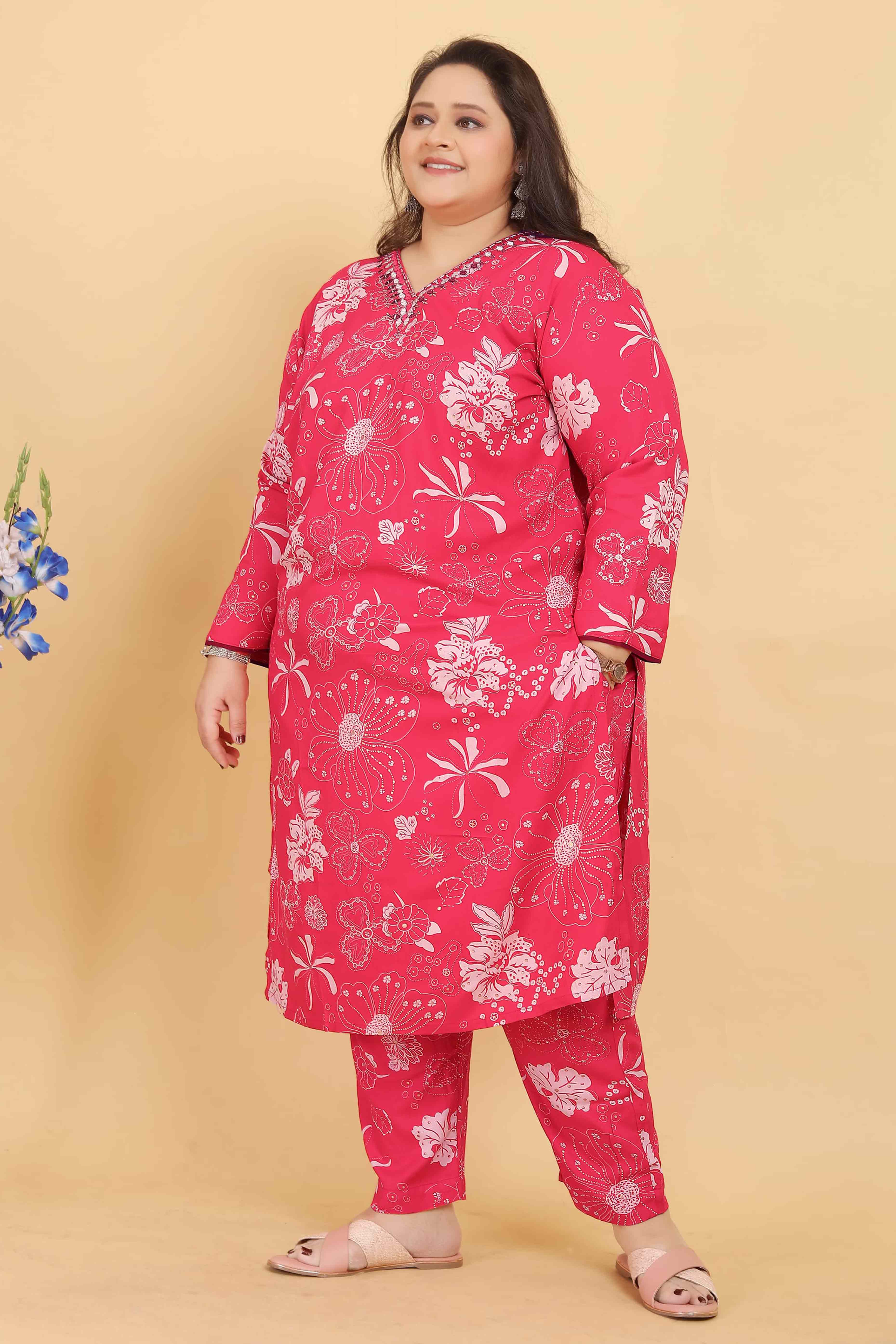 Pink Floral Printed Rayon Straight Salwar Suit