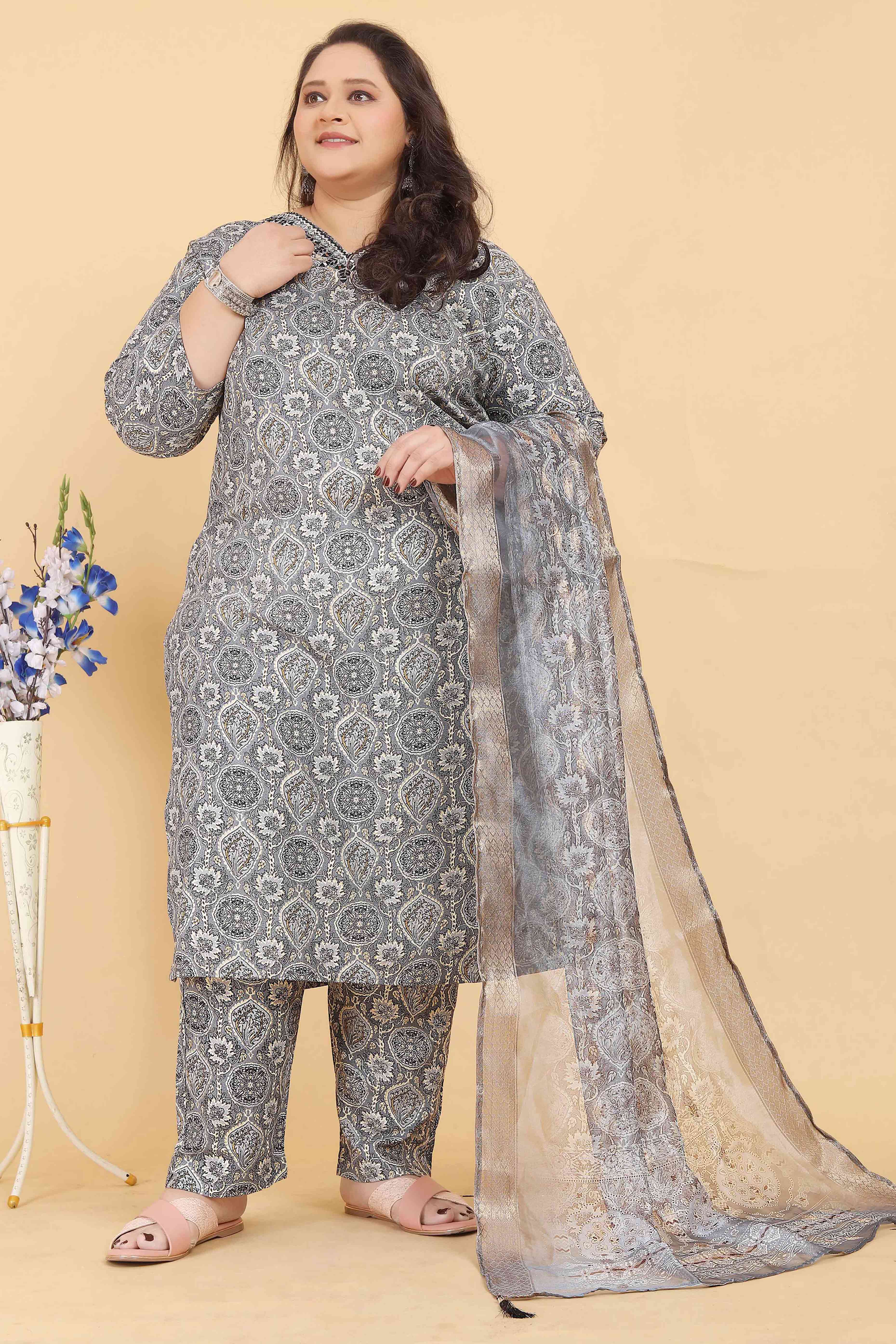 Grey Rayon Straight Salwar Suit Set with Delicate Floral Prints & Side Pockets