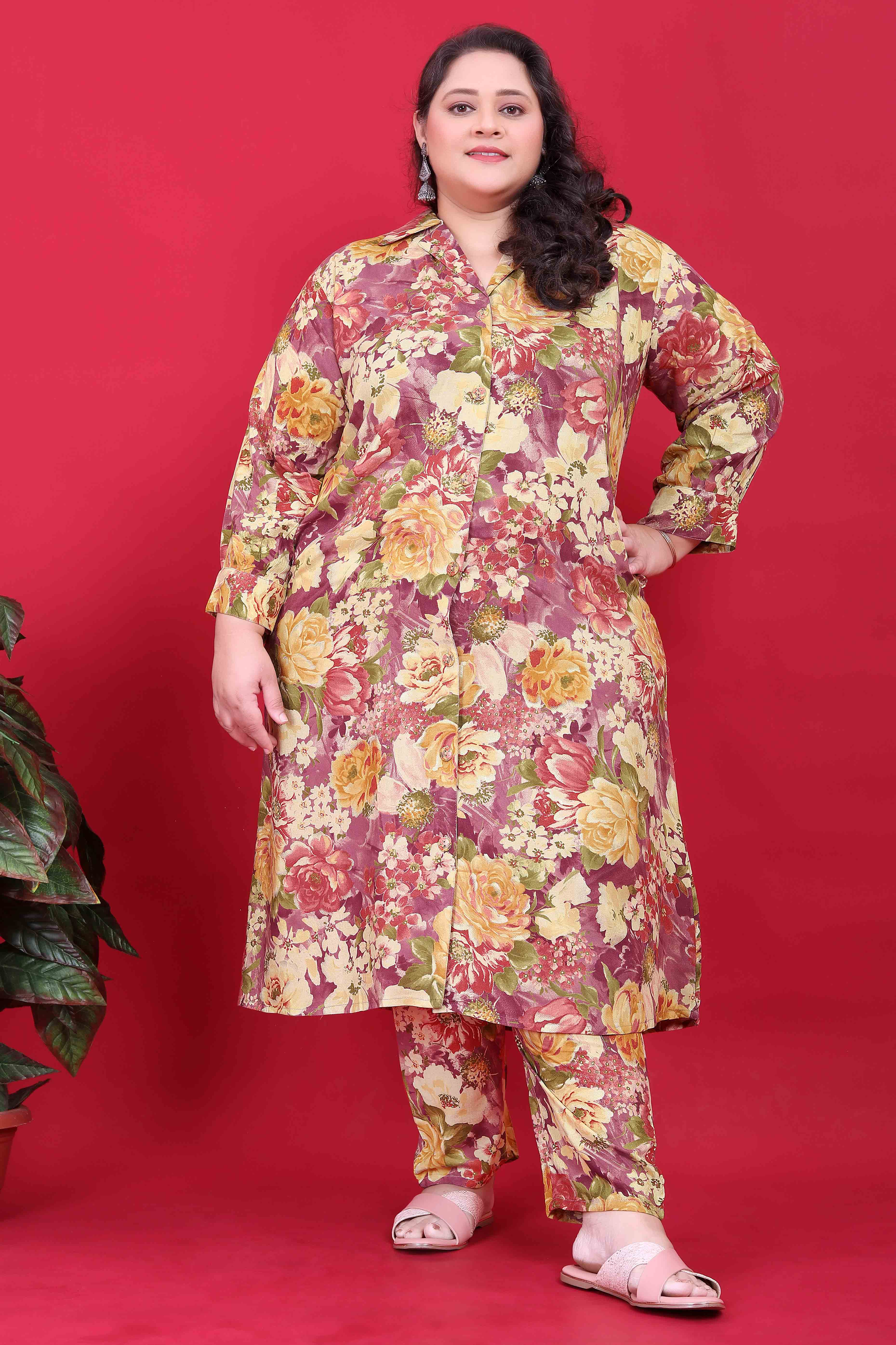 Wine Floral Printed Rayon Co-Ord Set