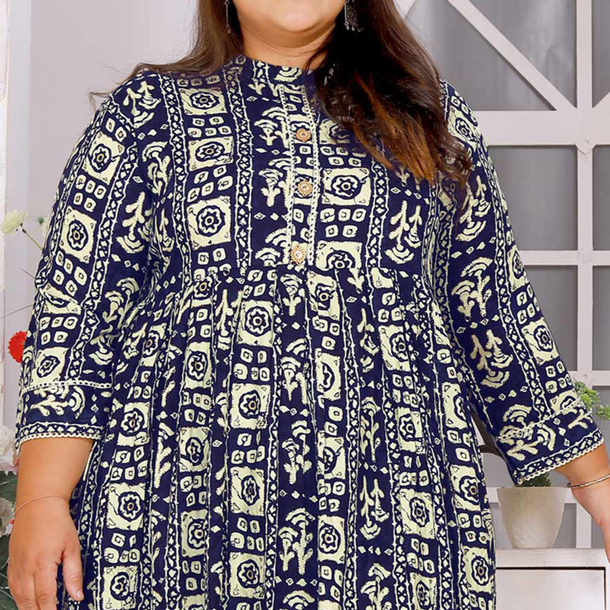 Blue Floral Printed Rayon Long Kurti