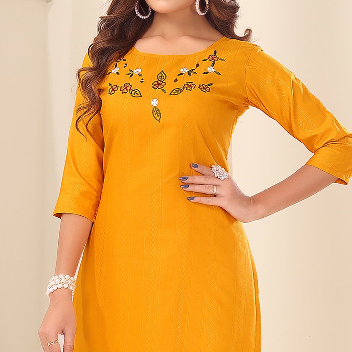 Yellow Floral Embroidered Art Silk Kurti