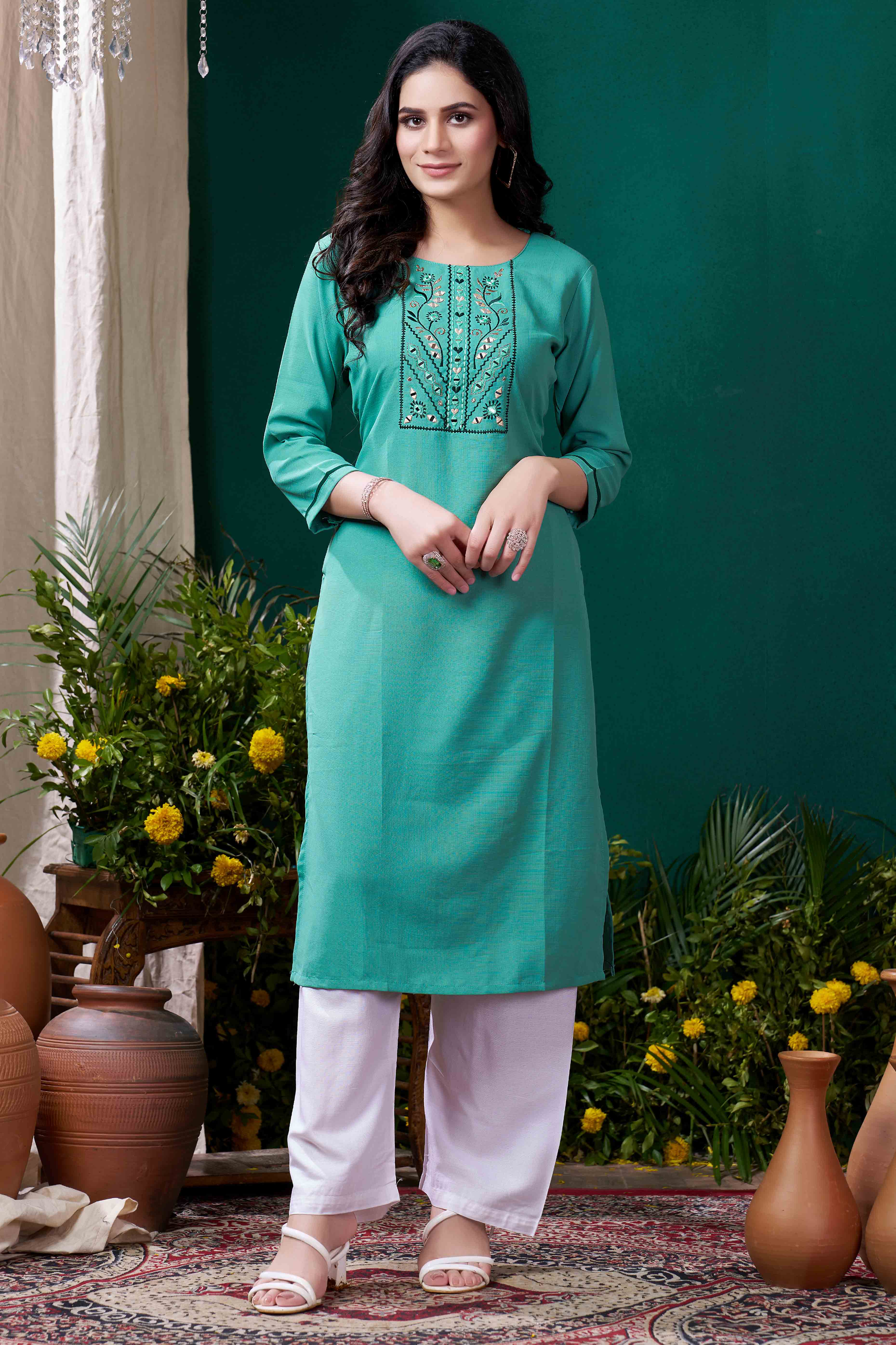 Turquoise Yoke Embroidered Pure Cotton Straight Kurti