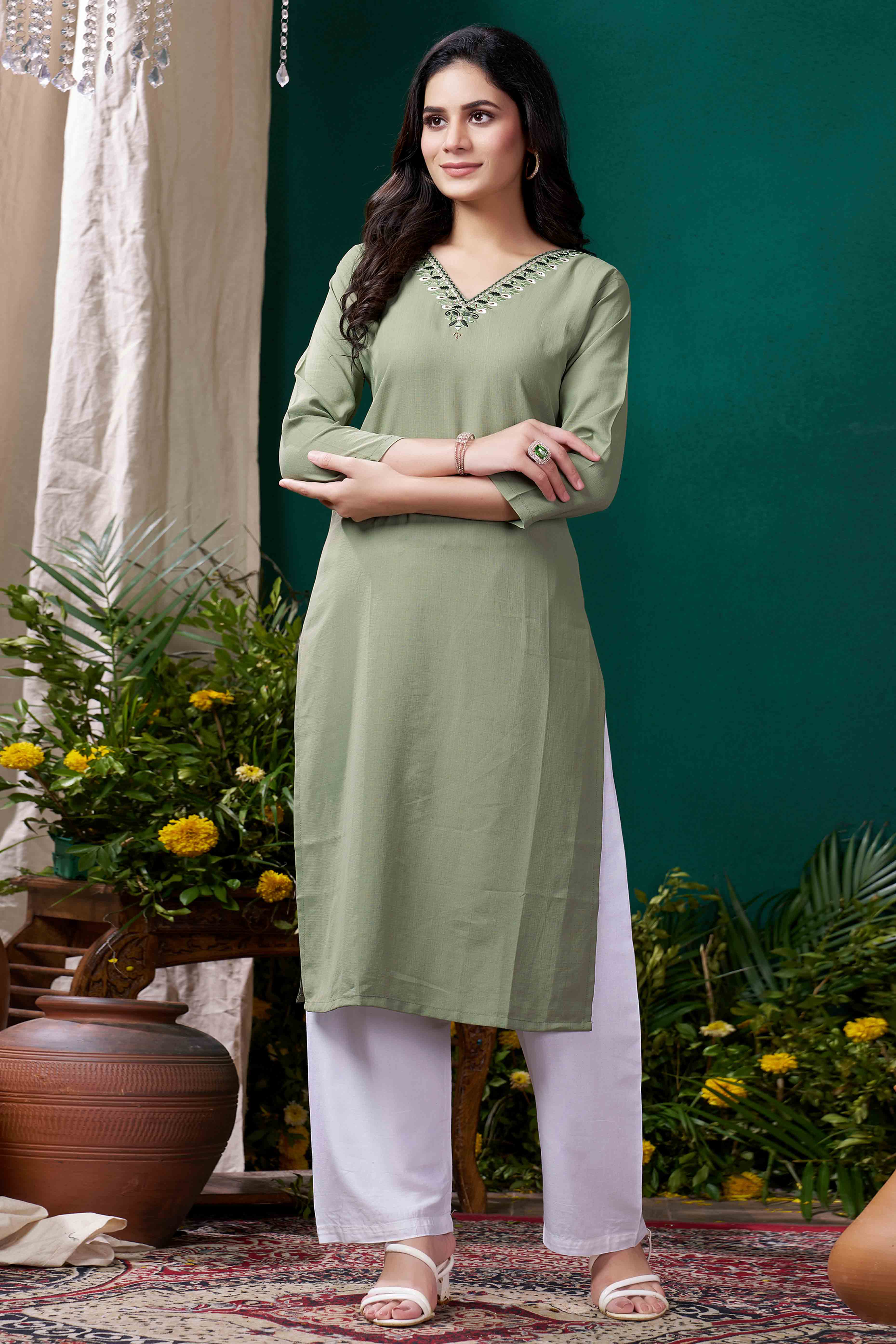 Green Yoke Embroidered Pure Cotton Straight Kurti