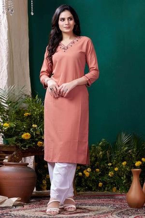 Peach Yoke Embroidered Pure Cotton Straight Kurti