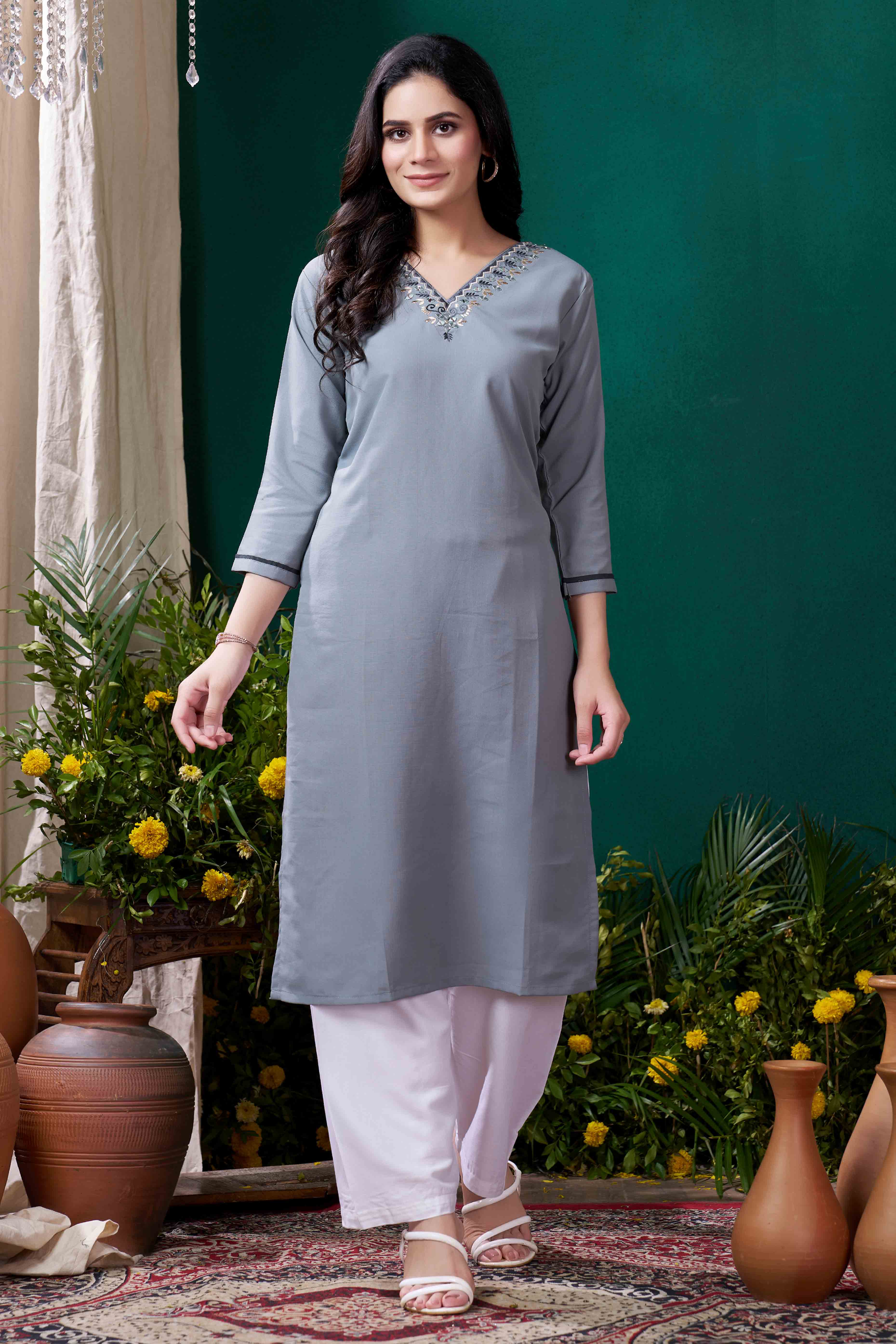 Grey Yoke Embroidered Pure Cotton Straight Kurti