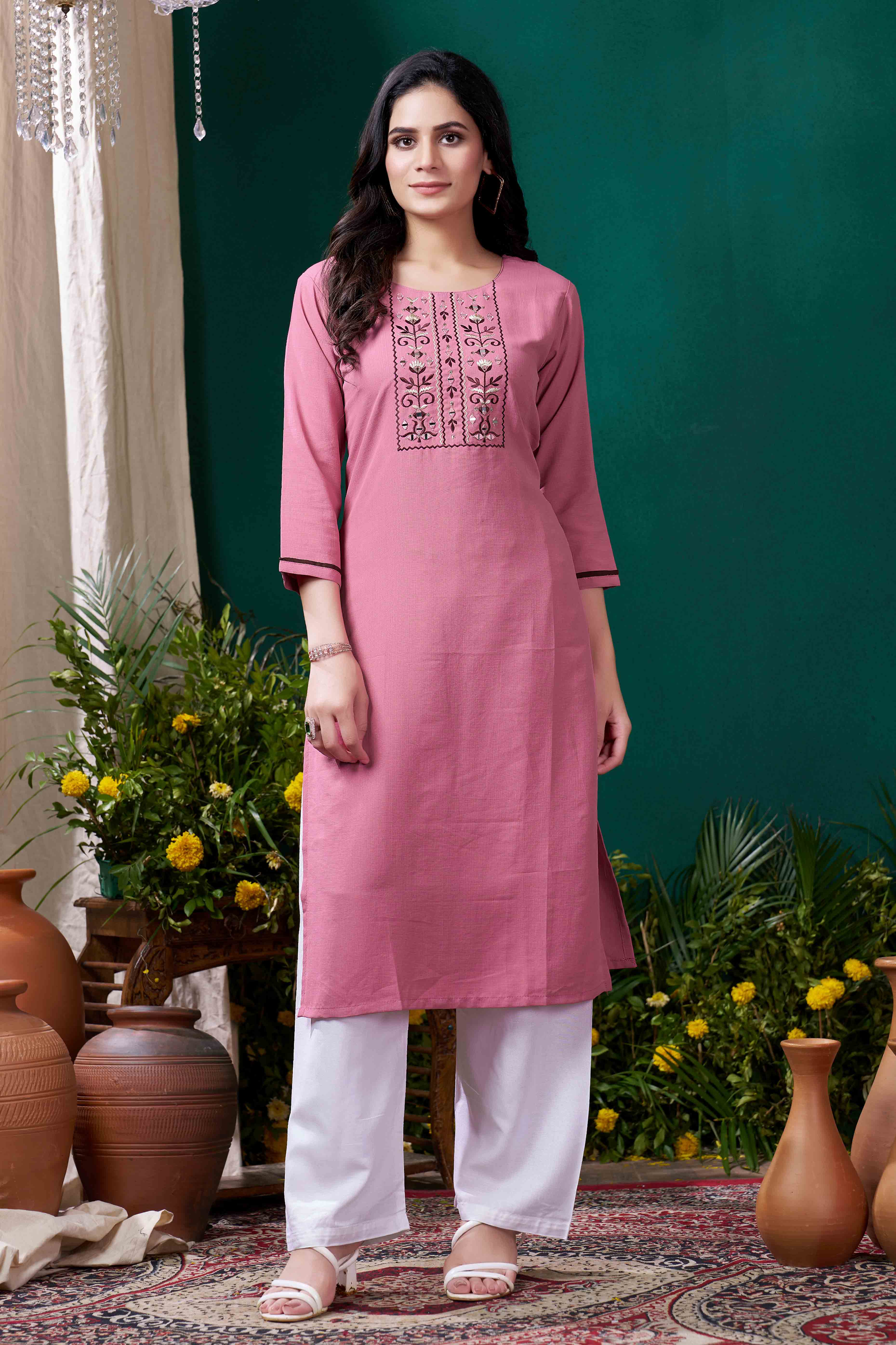 Pink Yoke Embroidered Pure Cotton Straight Kurti