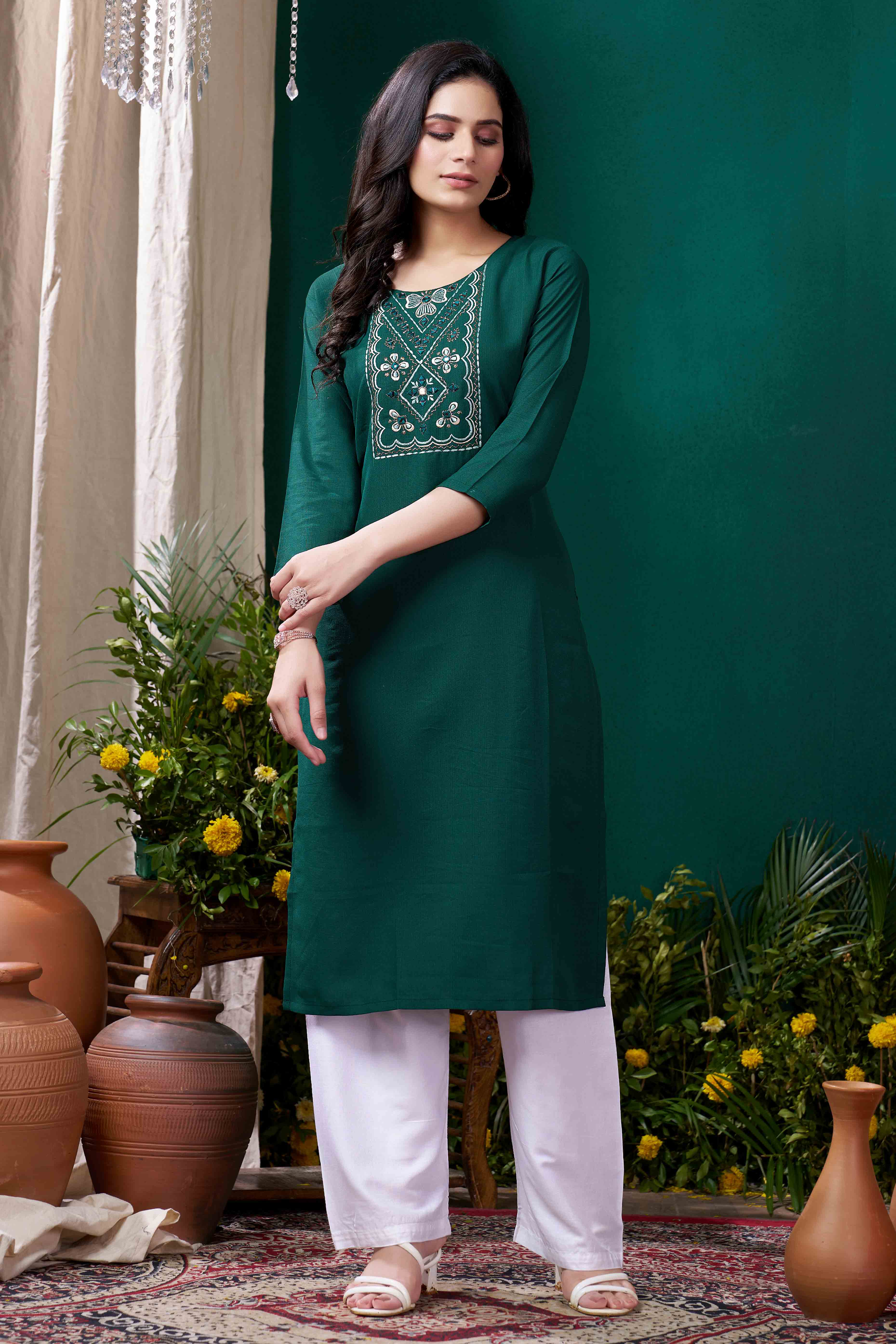 Green Yoke Embroidered Pure Cotton Straight Kurti