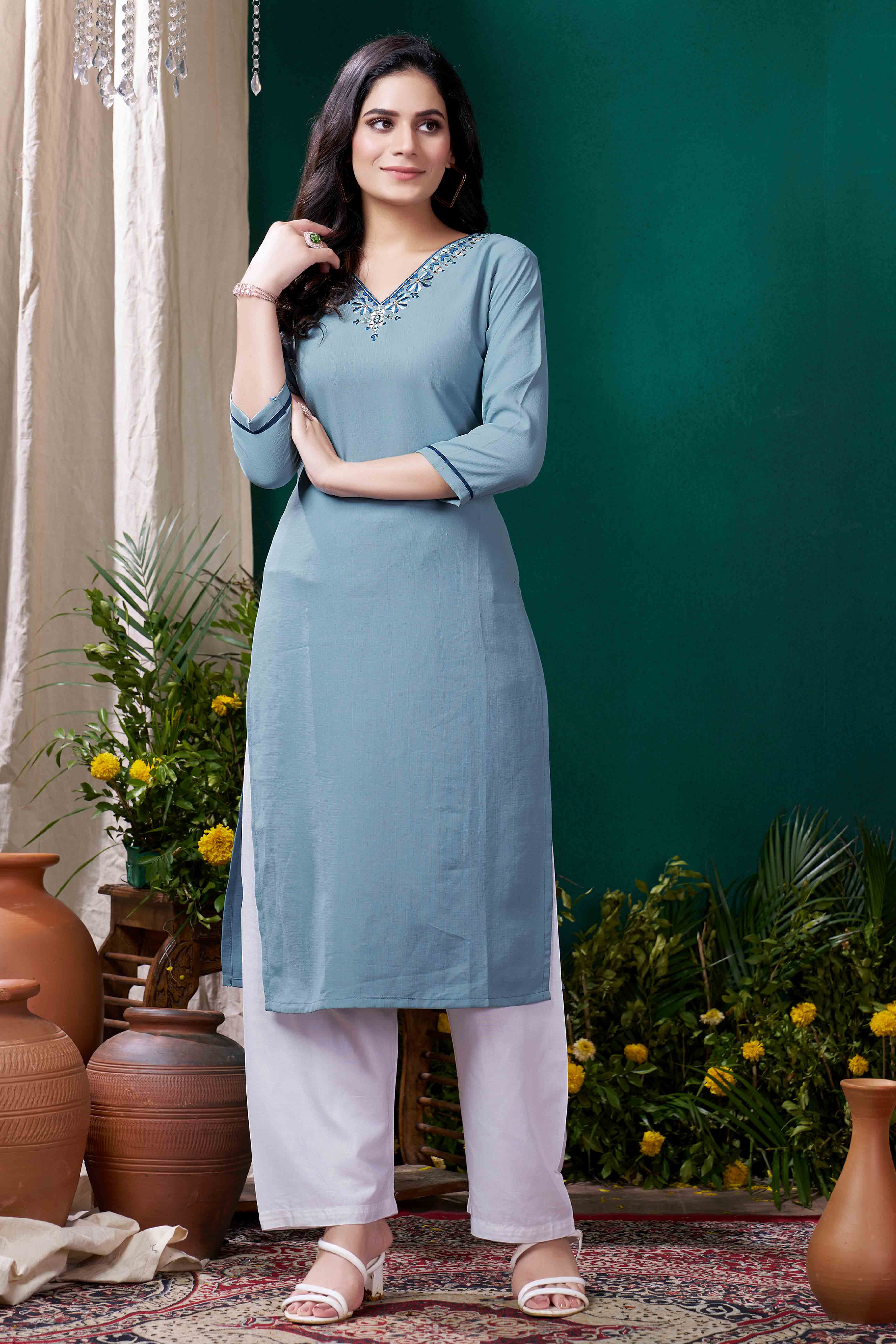 Blue Yoke Embroidered Pure Cotton Straight Kurti