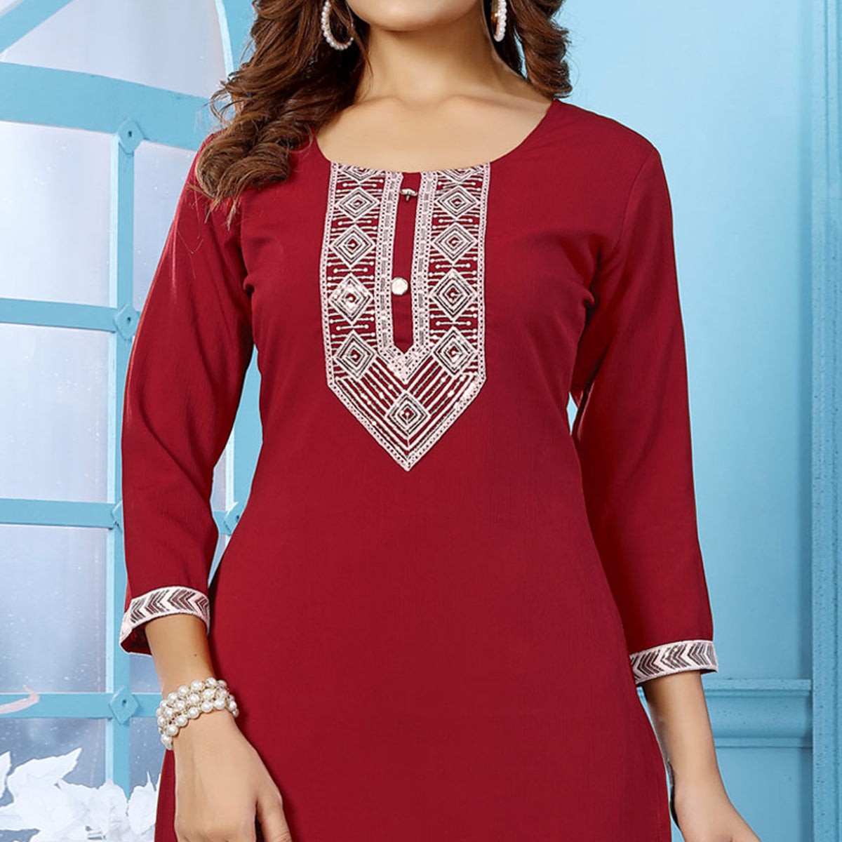 Red Sequins Embroidered Cotton Blend Kurti Pant Set