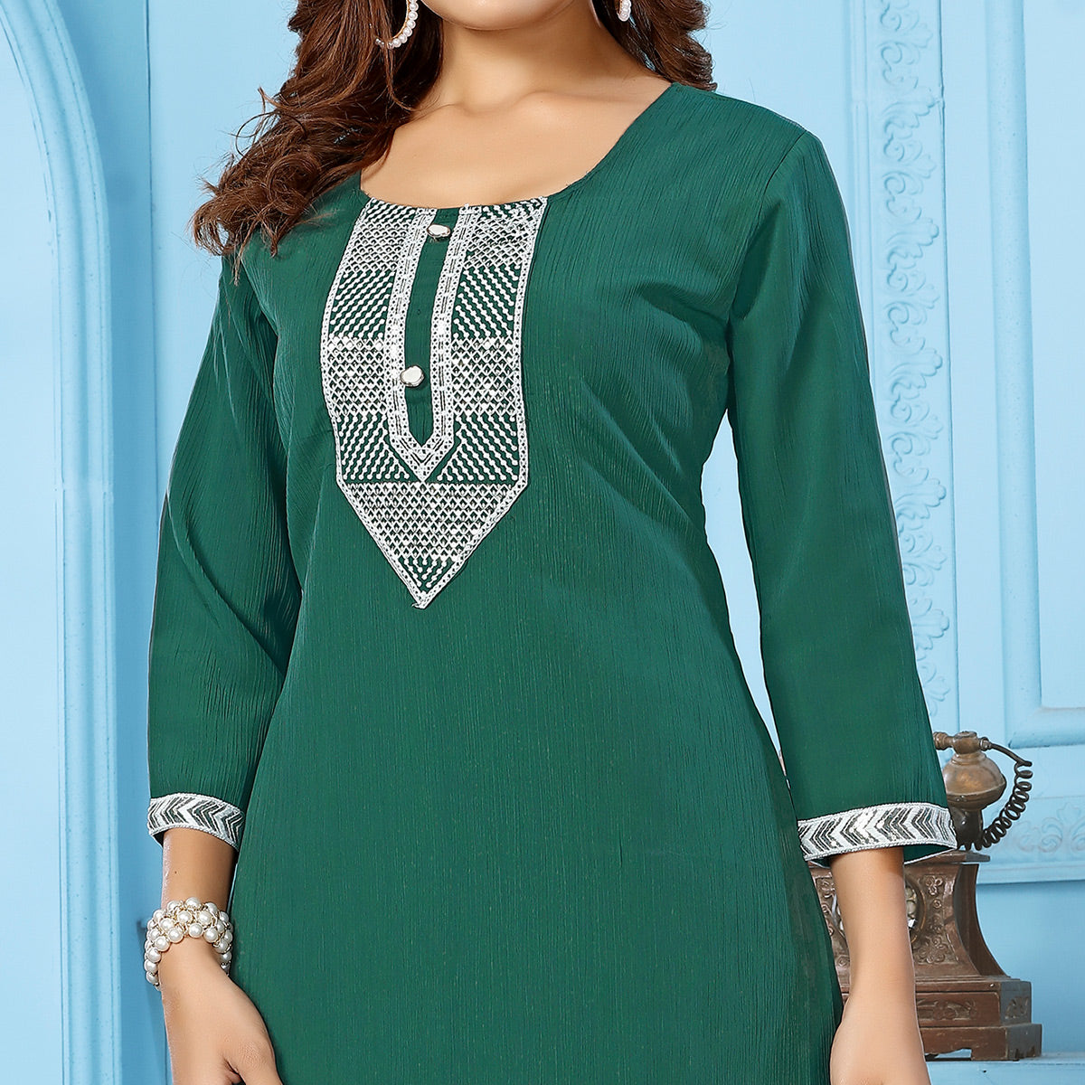 Green Sequins Embroidered Cotton Blend Kurti Pant Set