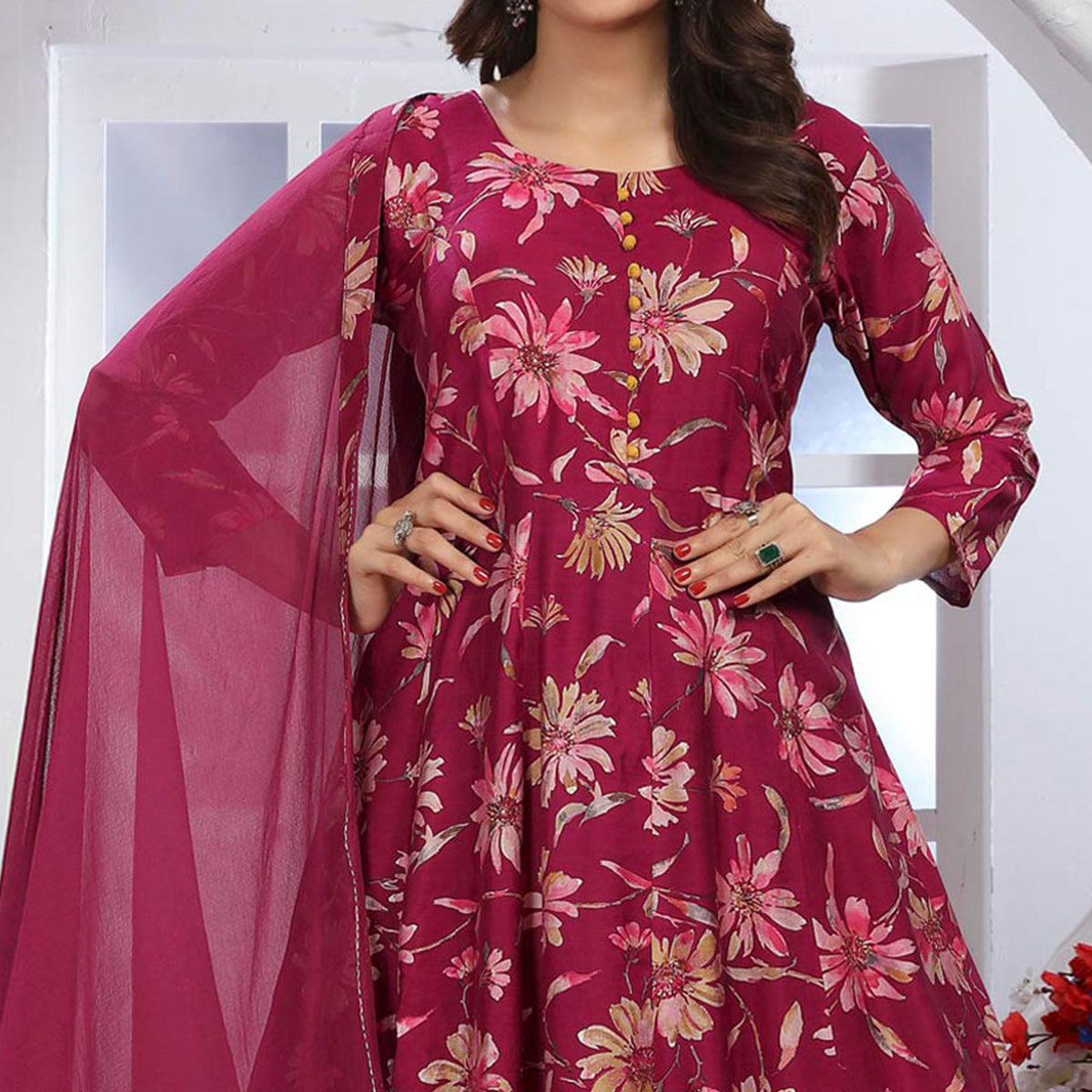 Pink Floral Foil Printed Chanderi Long Kurti