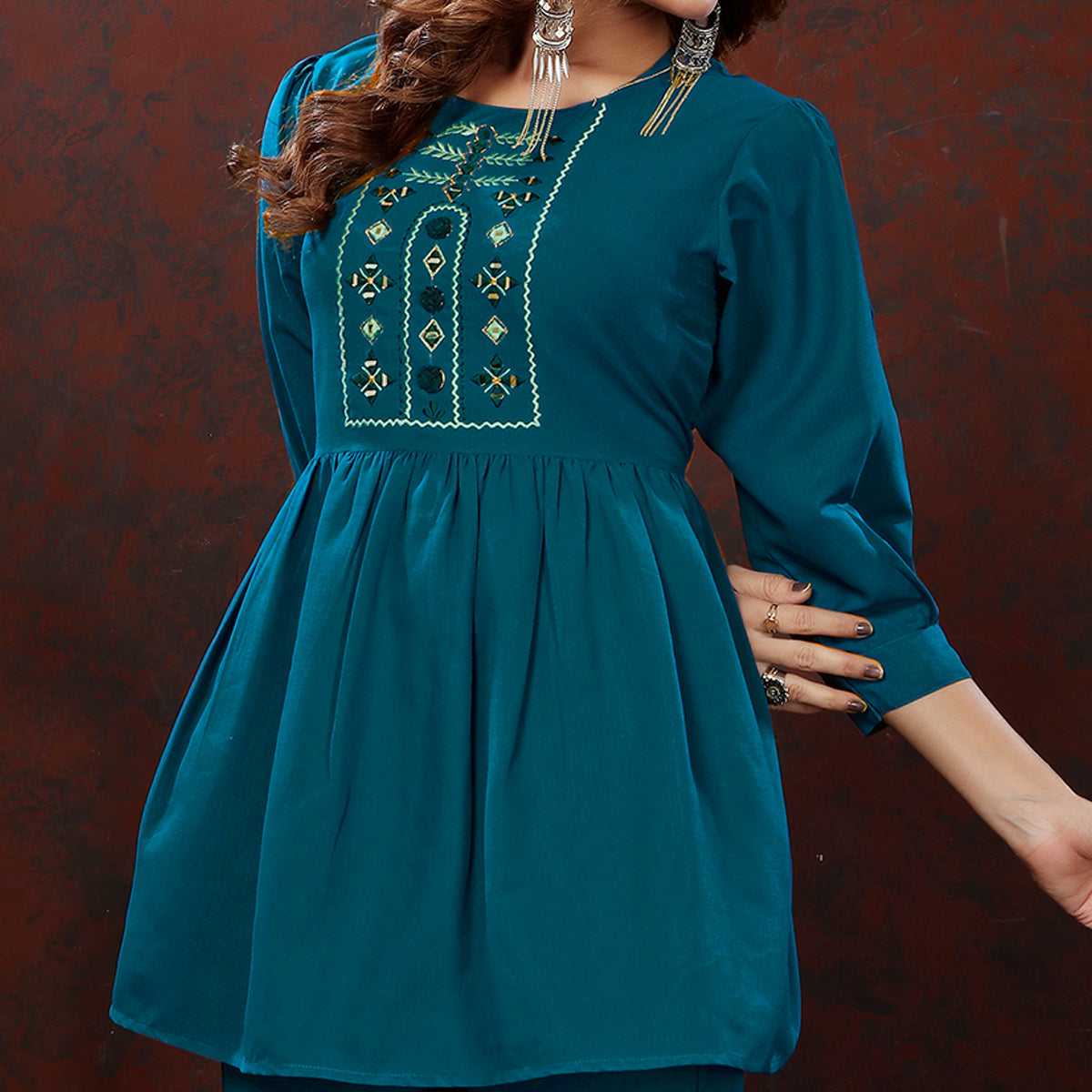 Teal Blue Embroidered Cotton Blend Co Ord Set