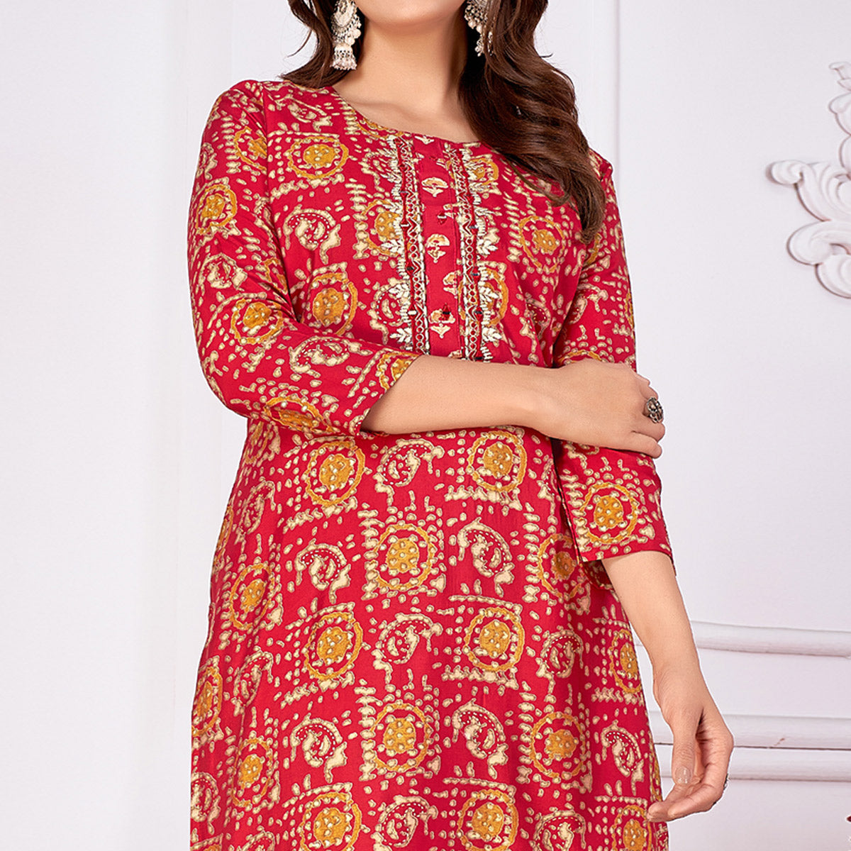 Red Foil Printed Viscose Straight Kurti Sets