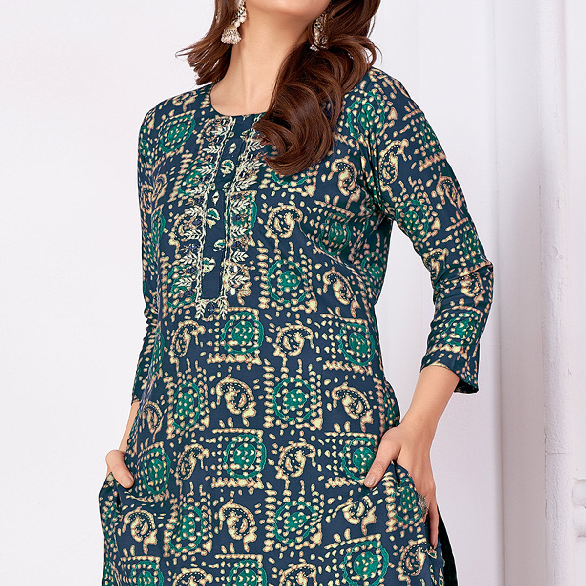 Navy Blue Foil Printed Viscose Straight Kurti Sets