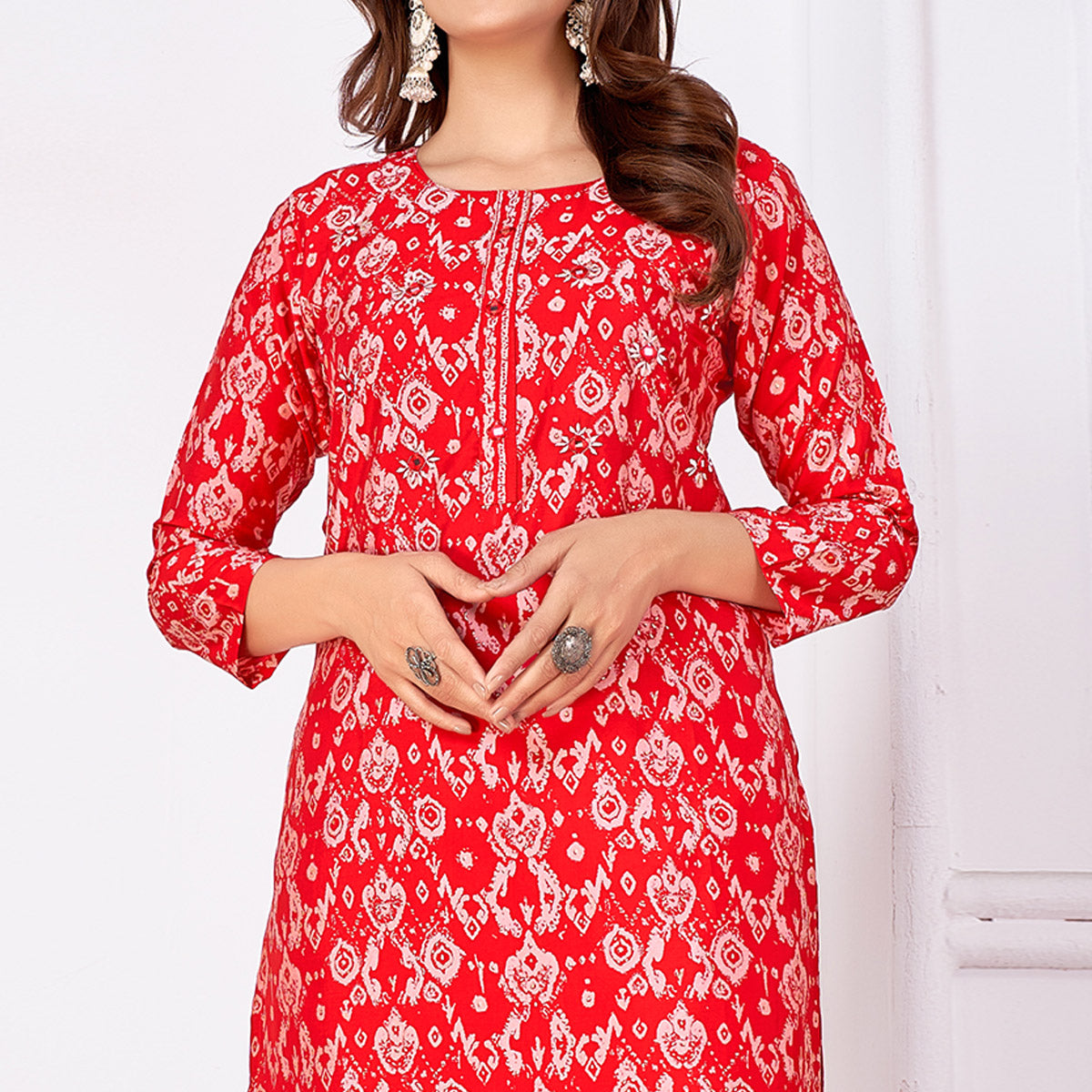 Red Foil Printed Viscose Straight Kurti Sets