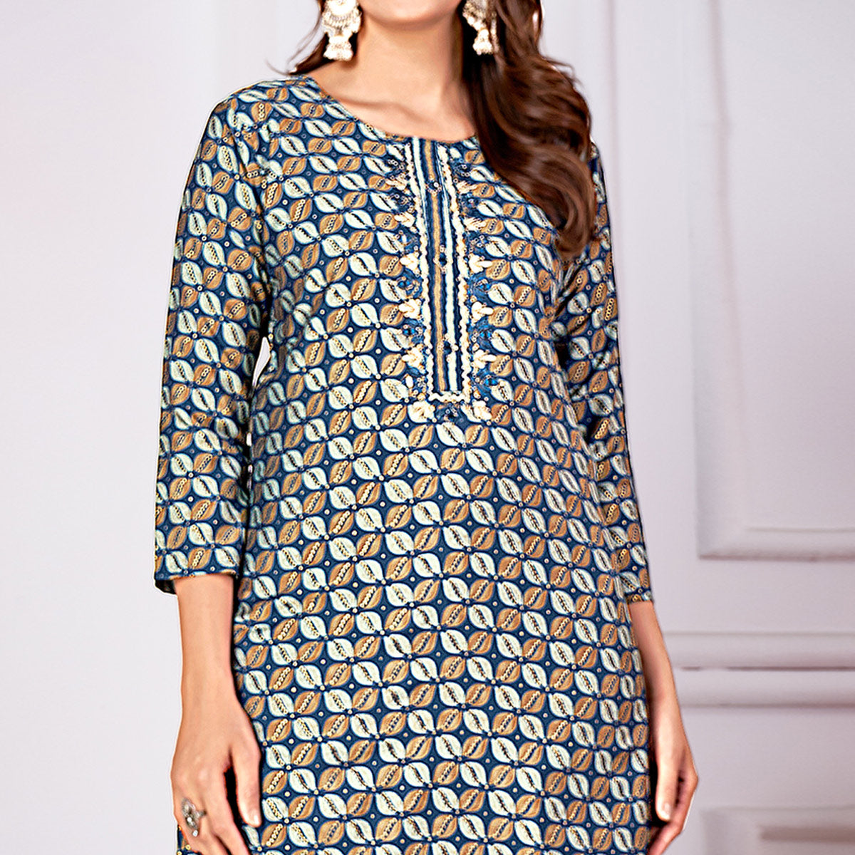 Morpich Blue Foil Printed Viscose Straight Kurti Sets