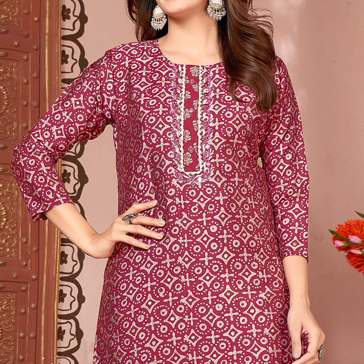 Magenta Foil Printed Viscose Straight Kurti Sets